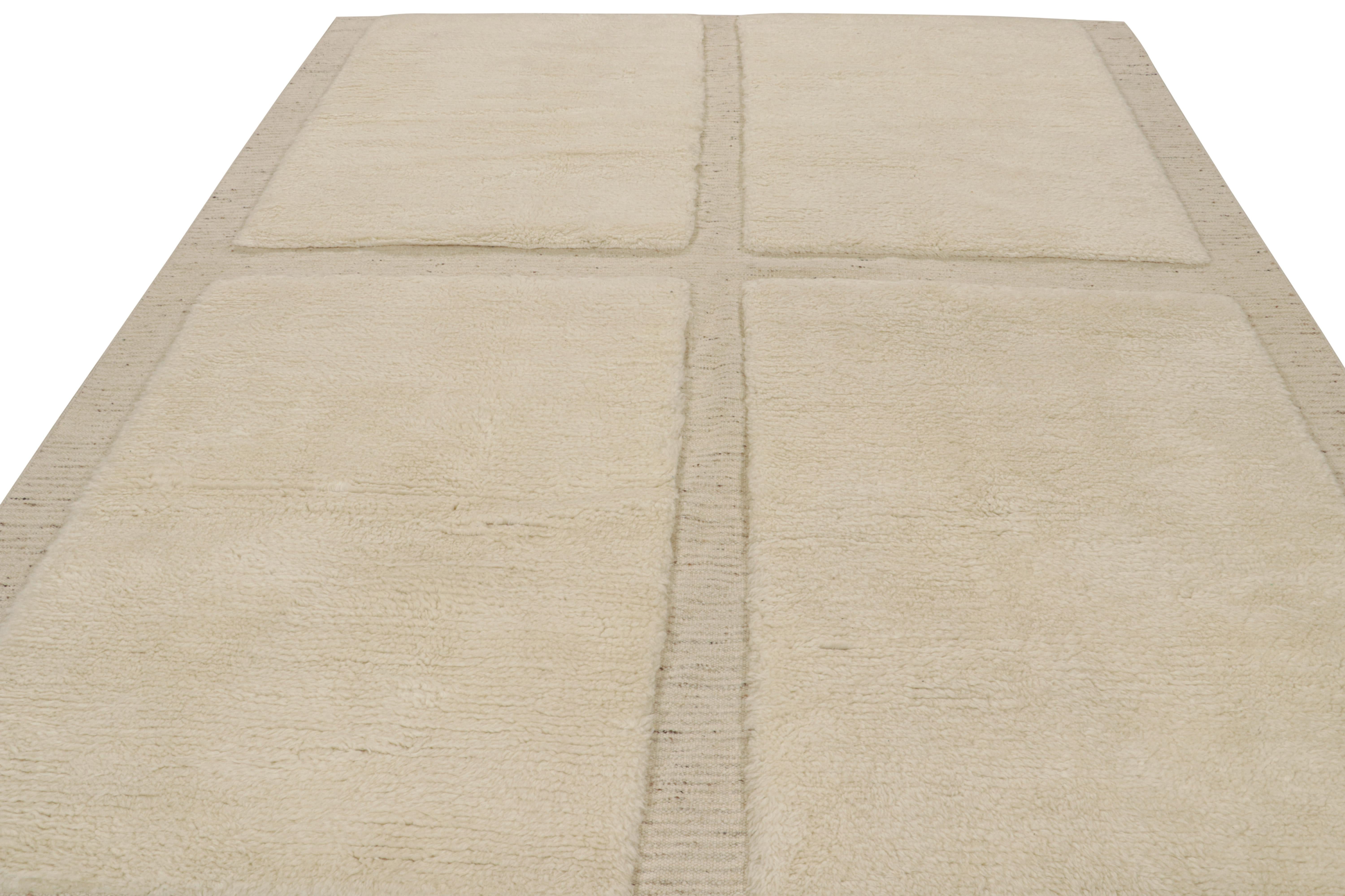 Modern Rug & Kilim’s Moroccan Style Rug with Cream Tone High-Pile Geometric Patterns For Sale