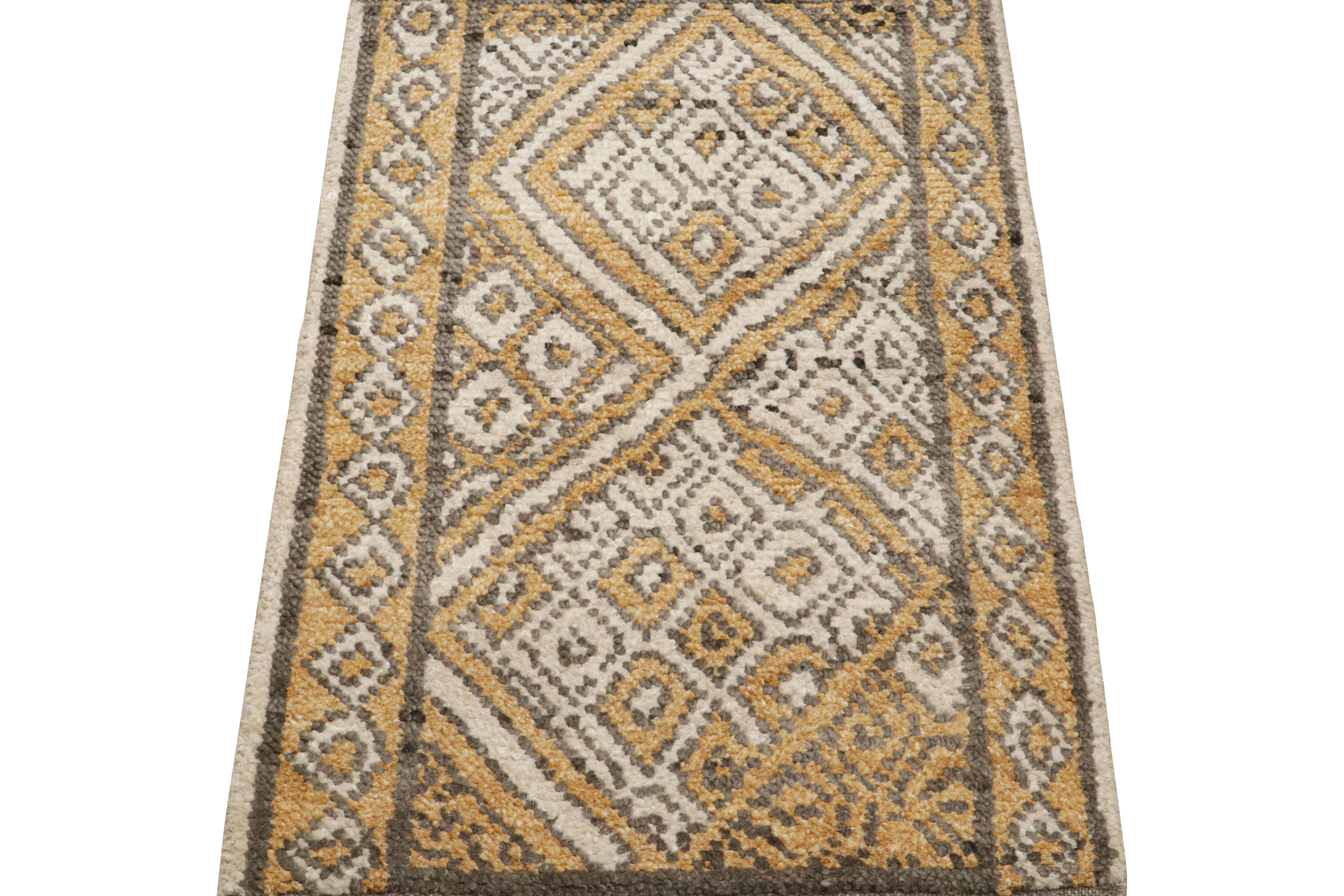 Hand-knotted in wool and silk, this 2x3 Moroccan rug features a ribbed texture inspired from Boucherouite-style pieces and similar textiles in the primitivist Berber tribal style 

On the Design: 

Connoisseurs may admire the subtle appeal of the