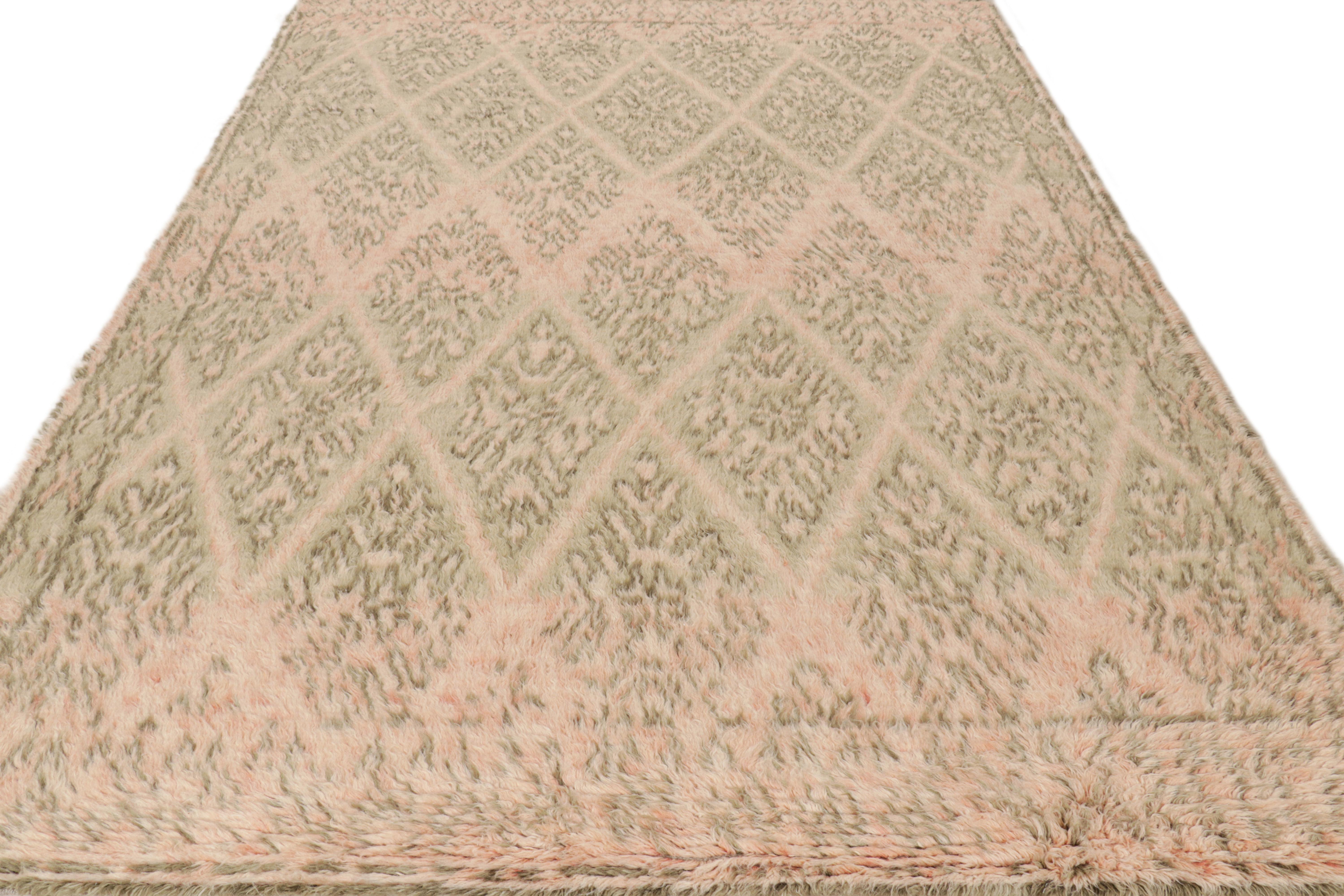 Hand-Knotted Rug & Kilim’s Moroccan Style Rug with Green and Pink Geometric Patterns For Sale