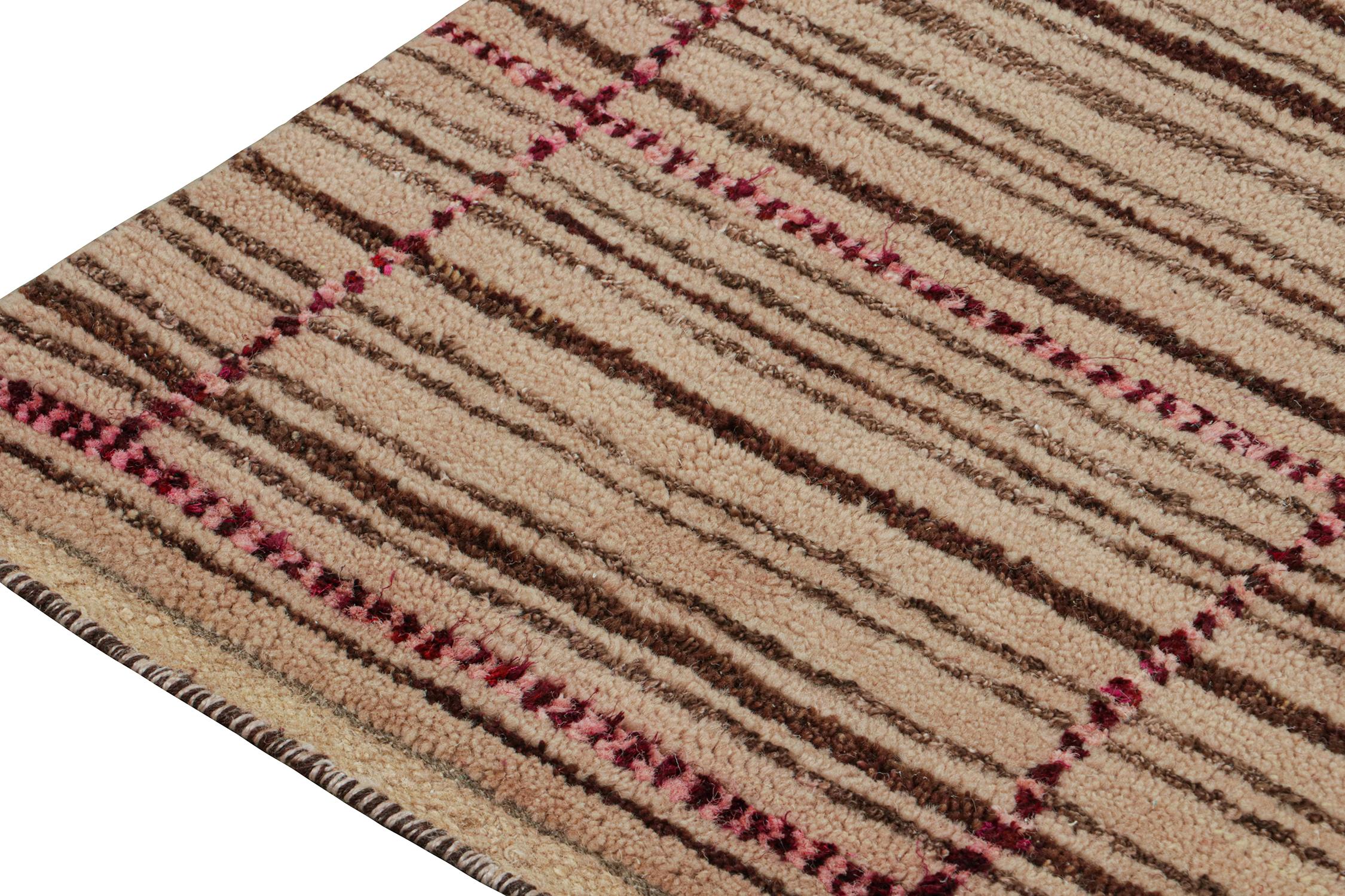 Hand-Knotted Rug & Kilim’s Moroccan Style Runner in Beige-Brown and Pink Geometric Patterns For Sale