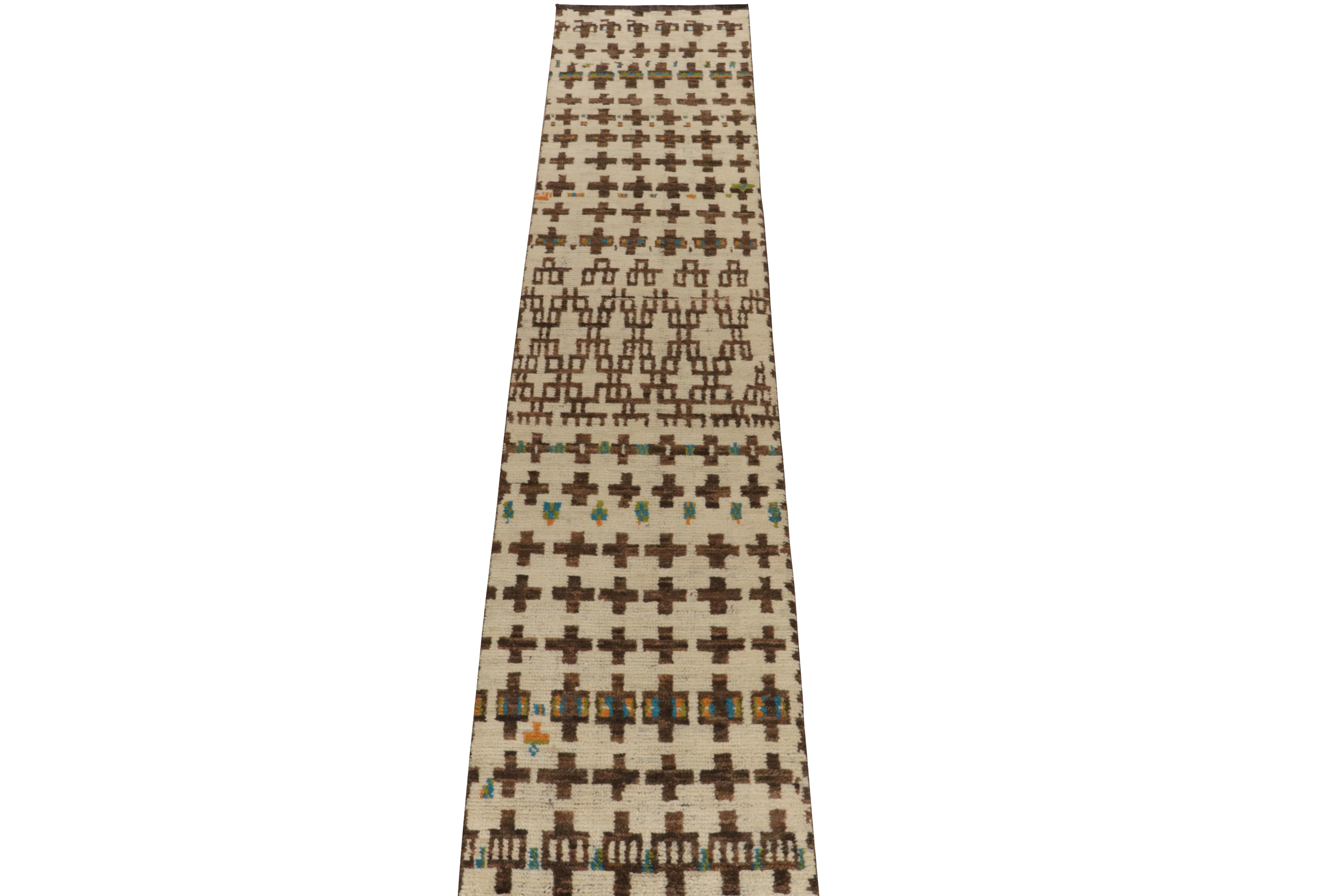 Indian Rug & Kilim’s Moroccan Style Runner in Beige-Brown Tribal Geometric Patterns For Sale