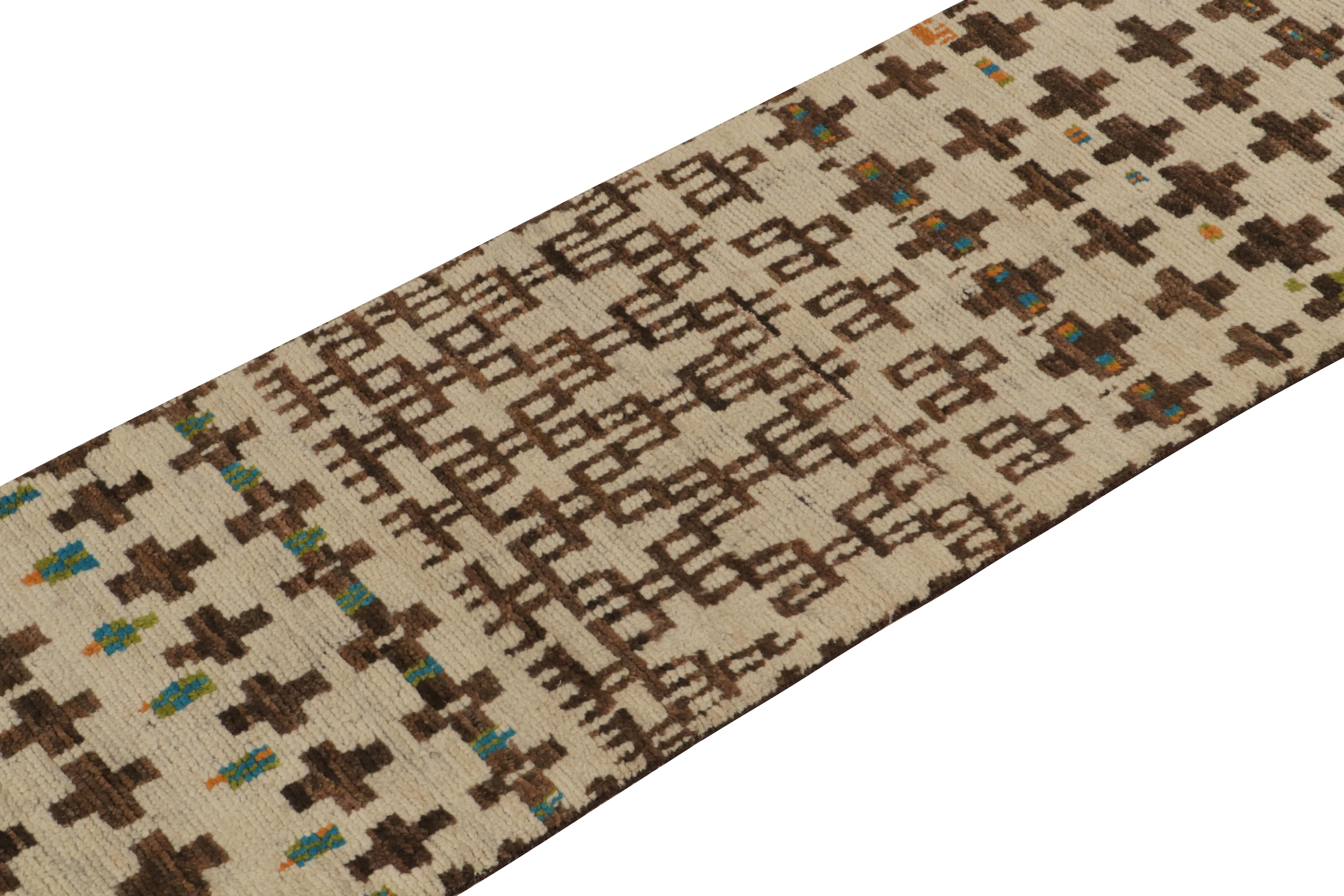Hand-Knotted Rug & Kilim’s Moroccan Style Runner in Beige-Brown Tribal Geometric Patterns For Sale