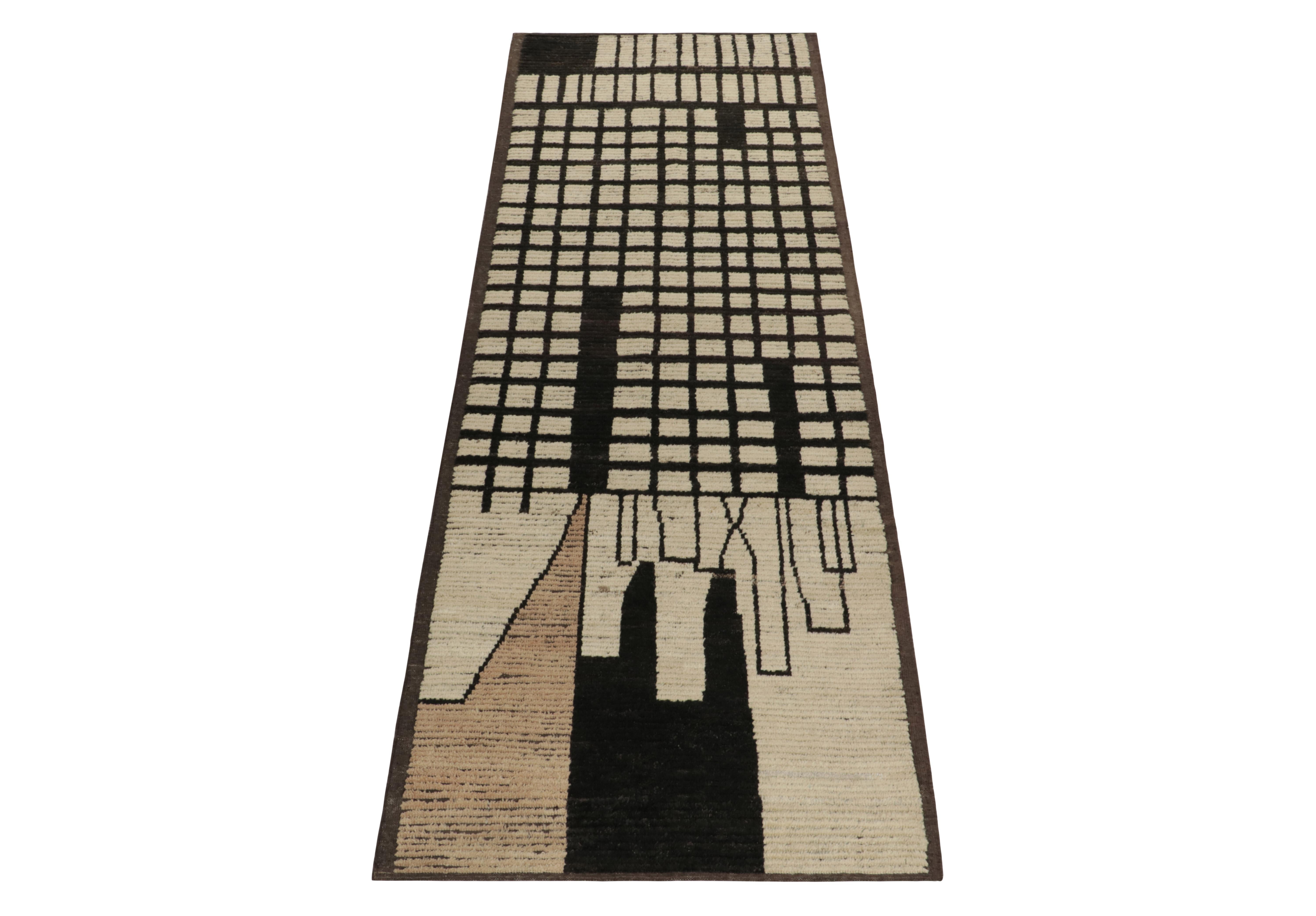 Hand-knotted in wool, a 3 x10 runner marking our contemporary take on Moroccan style, joining R&K’s titular collection. The piece innovates in design with modern geometry recapturing tribal aesthetics in a well defined beige, brown & black pattern