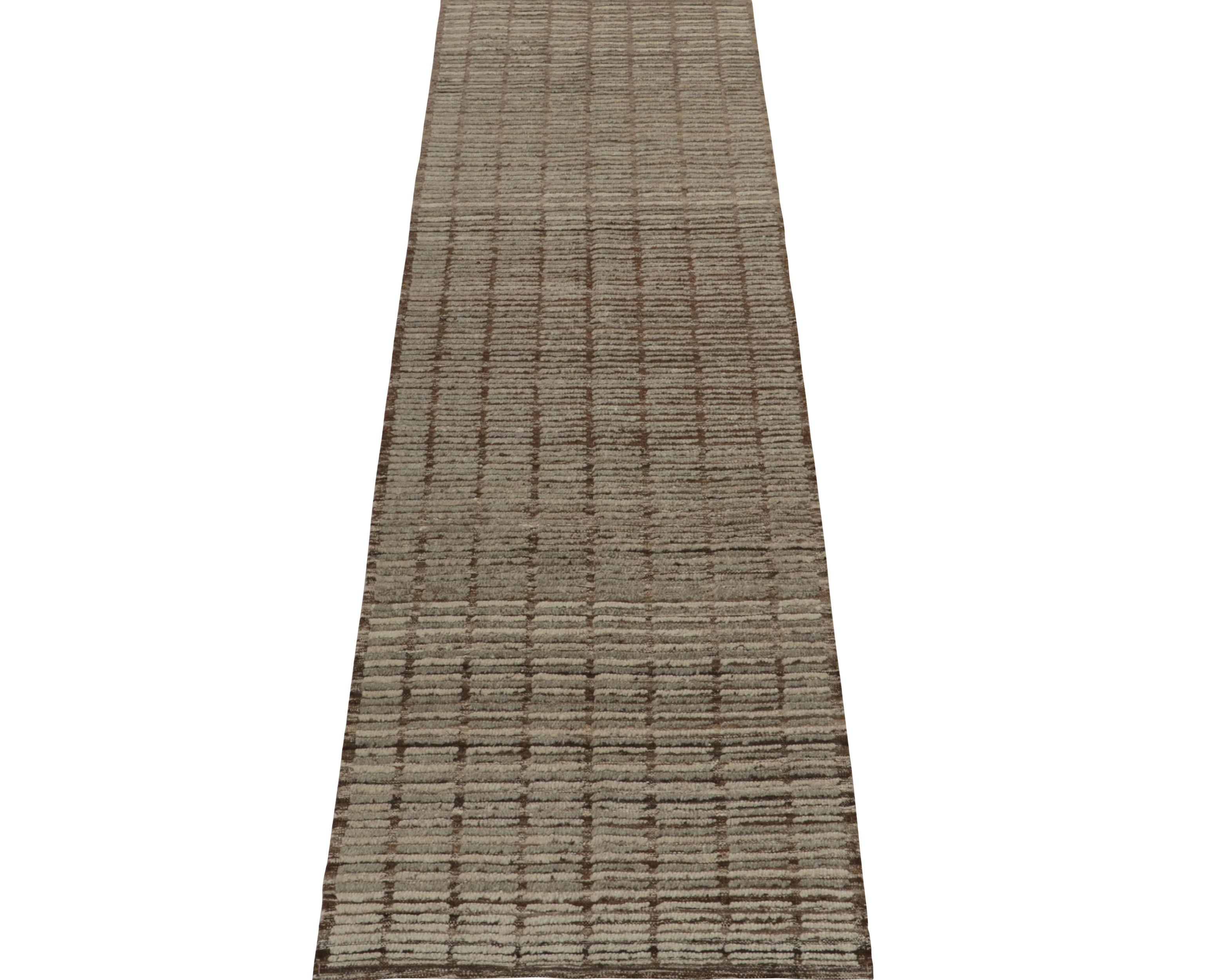 Modern Rug & Kilim's Moroccan Style Runner in Brown & Gray High-Low Striations For Sale