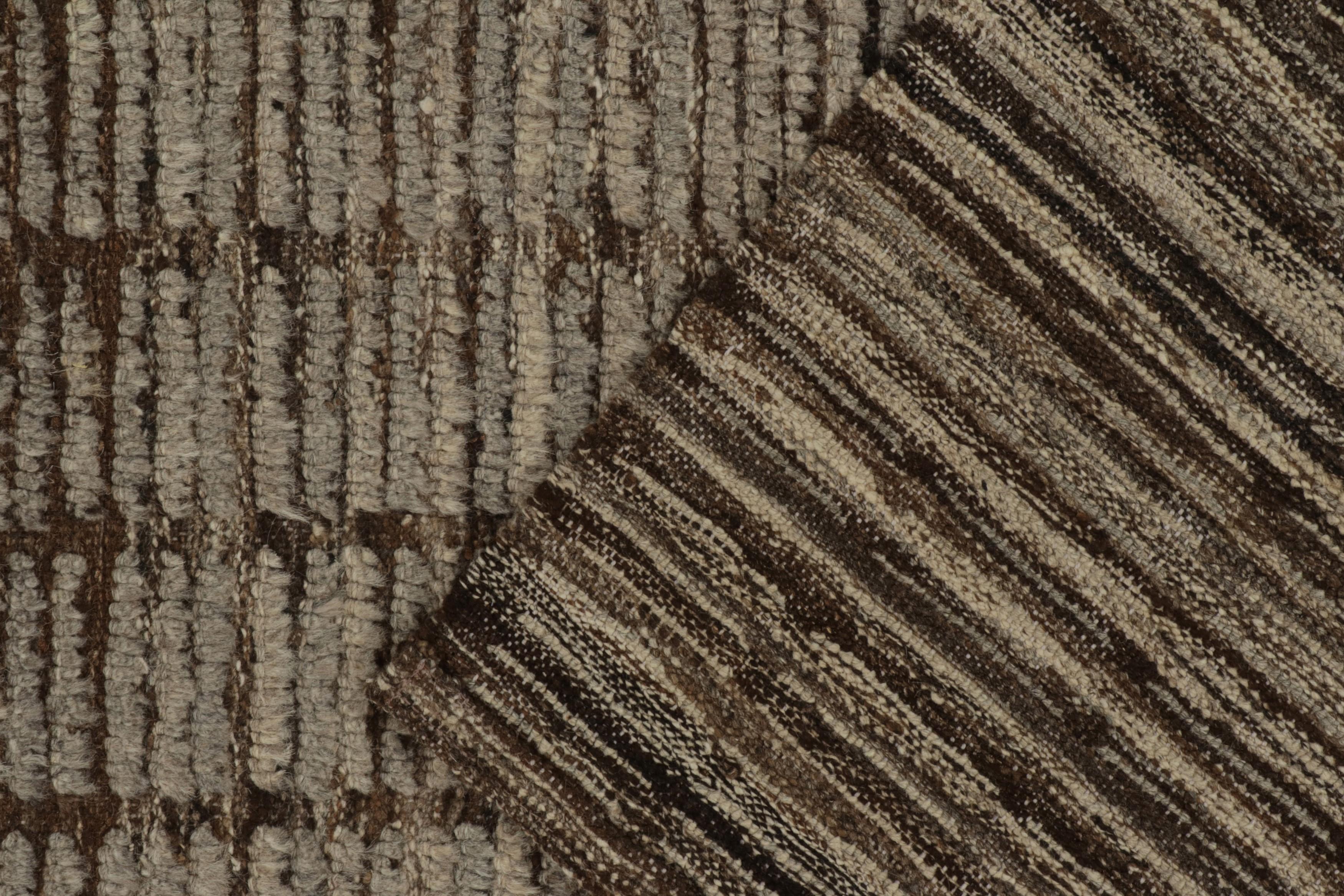 Contemporary Rug & Kilim's Moroccan Style Runner in Brown & Gray High-Low Striations For Sale