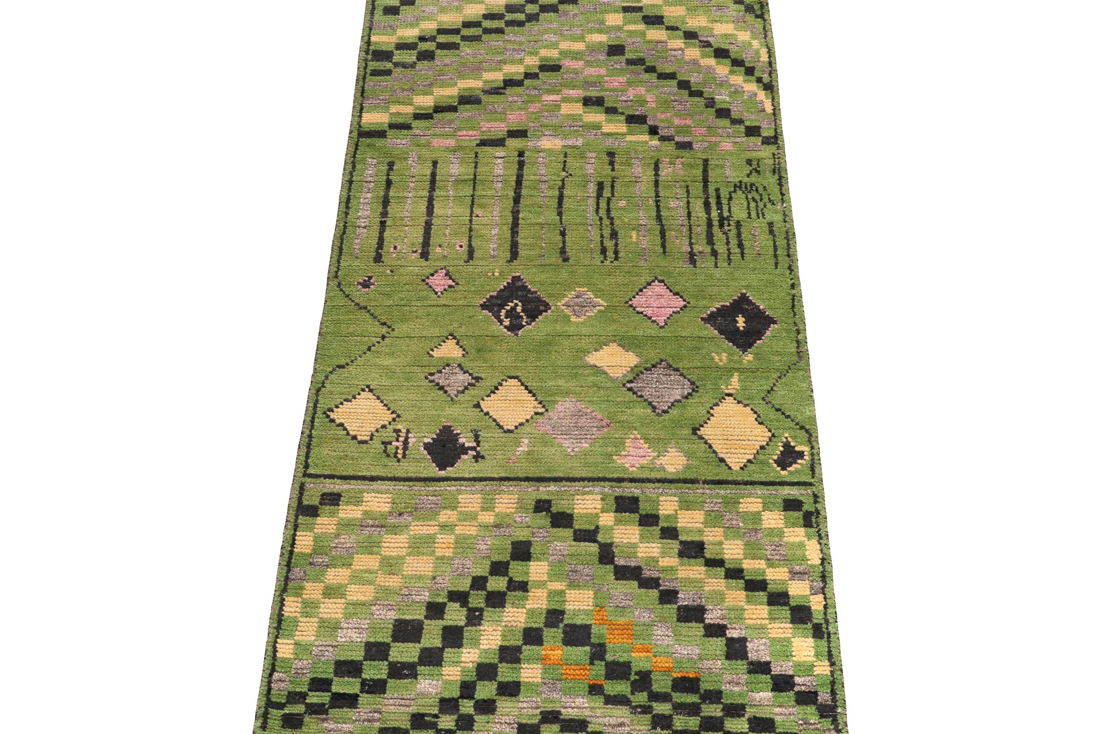 Indian Rug & Kilim’s Moroccan Style Runner in Green with Polychromatic Tribal Patterns For Sale