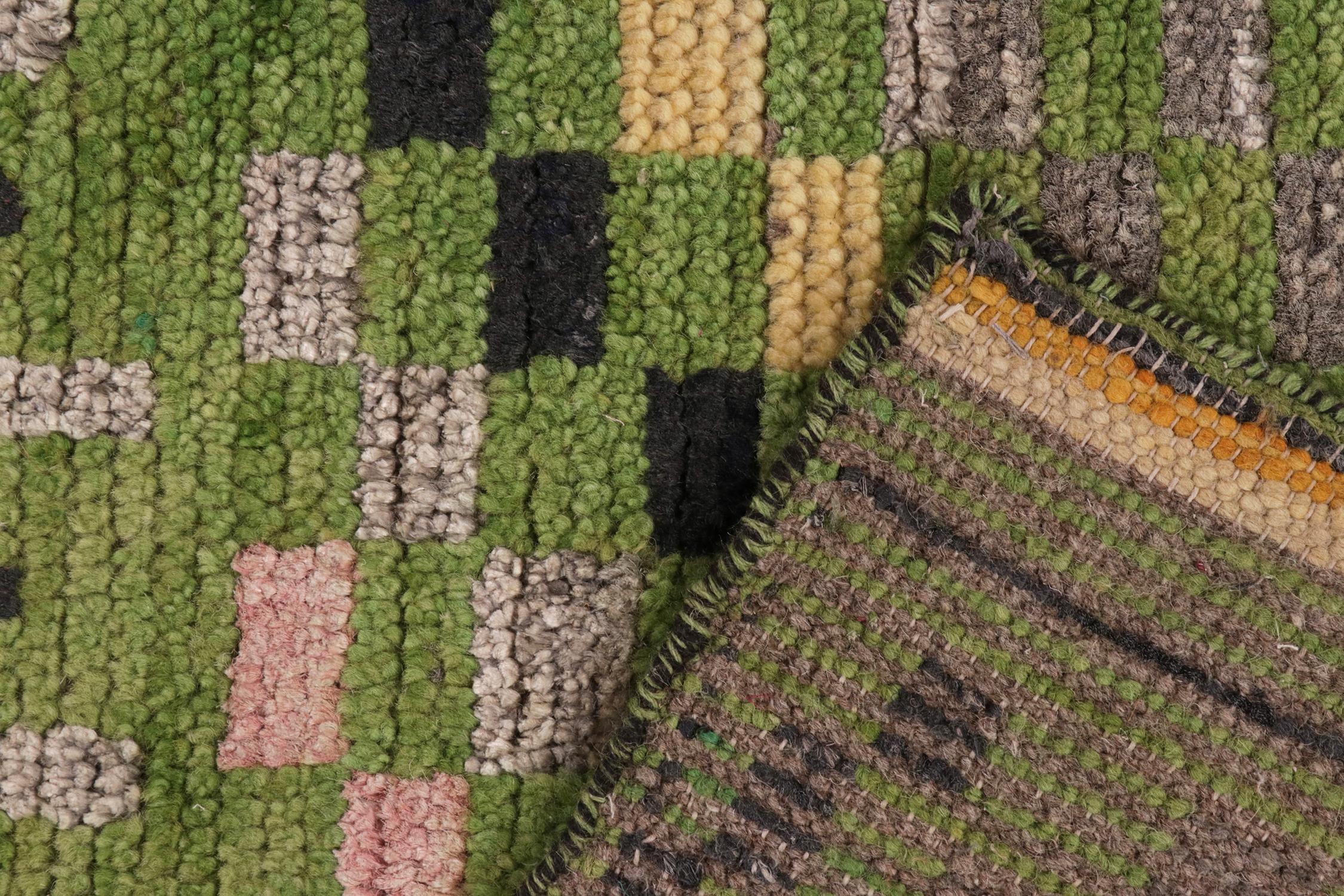 Wool Rug & Kilim’s Moroccan Style Runner in Green with Polychromatic Tribal Patterns For Sale