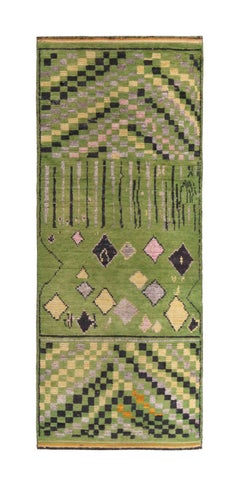 Rug & Kilim’s Moroccan Style Runner in Green with Polychromatic Tribal Patterns