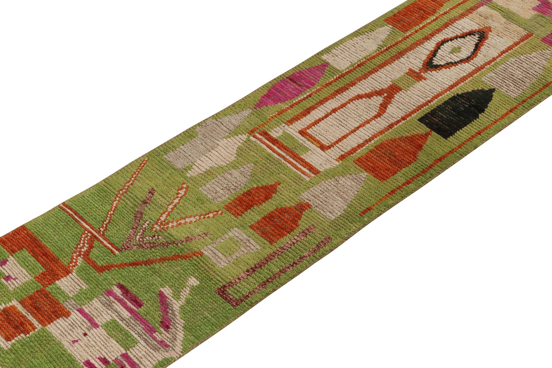 Hand-Knotted Rug & Kilim’s Moroccan Style Runner in Green with Vibrant Tribal Patterns For Sale