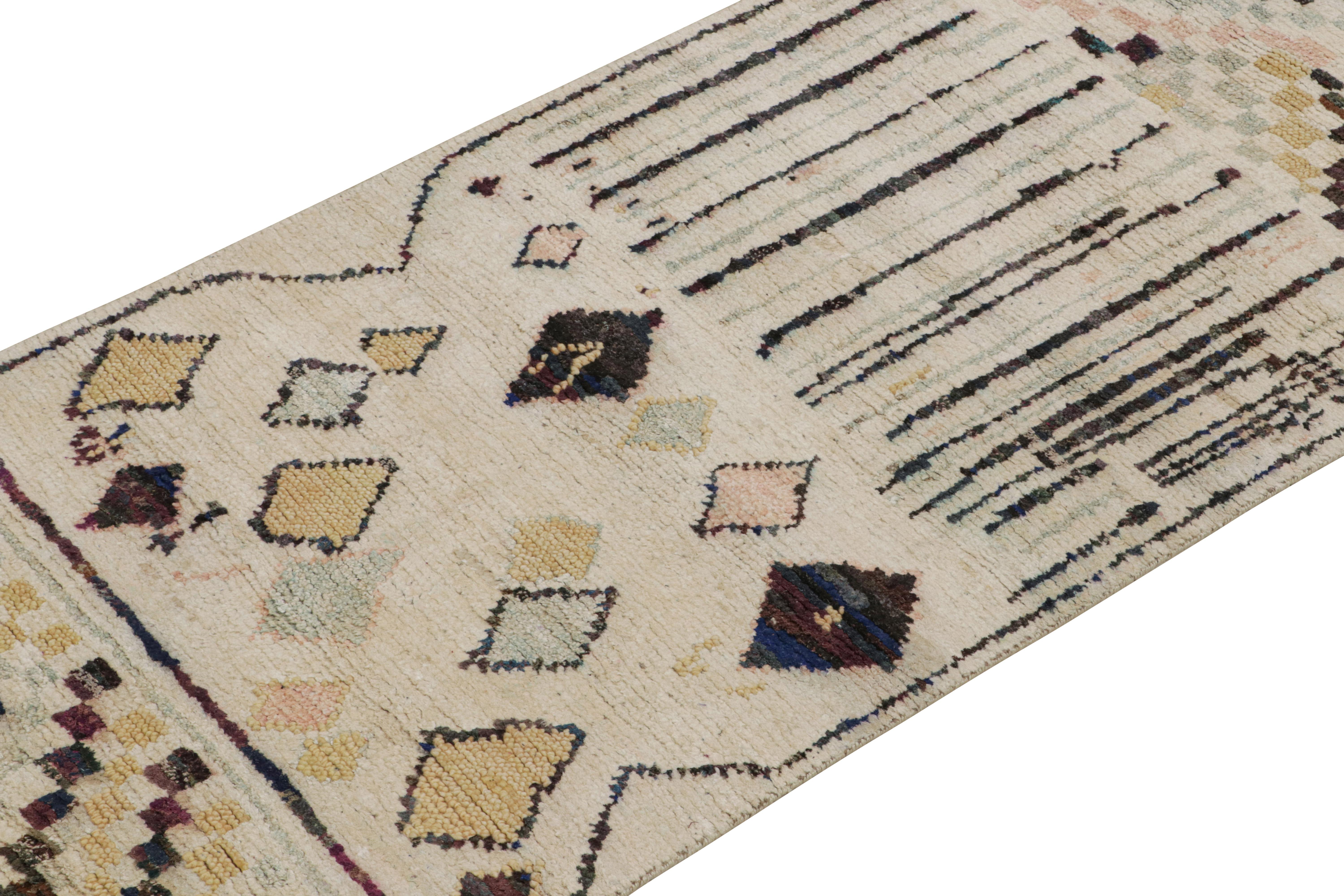Indian Rug & Kilim’s Moroccan Style Runner Rug in Beige & Multicolor Geometric Patterns For Sale