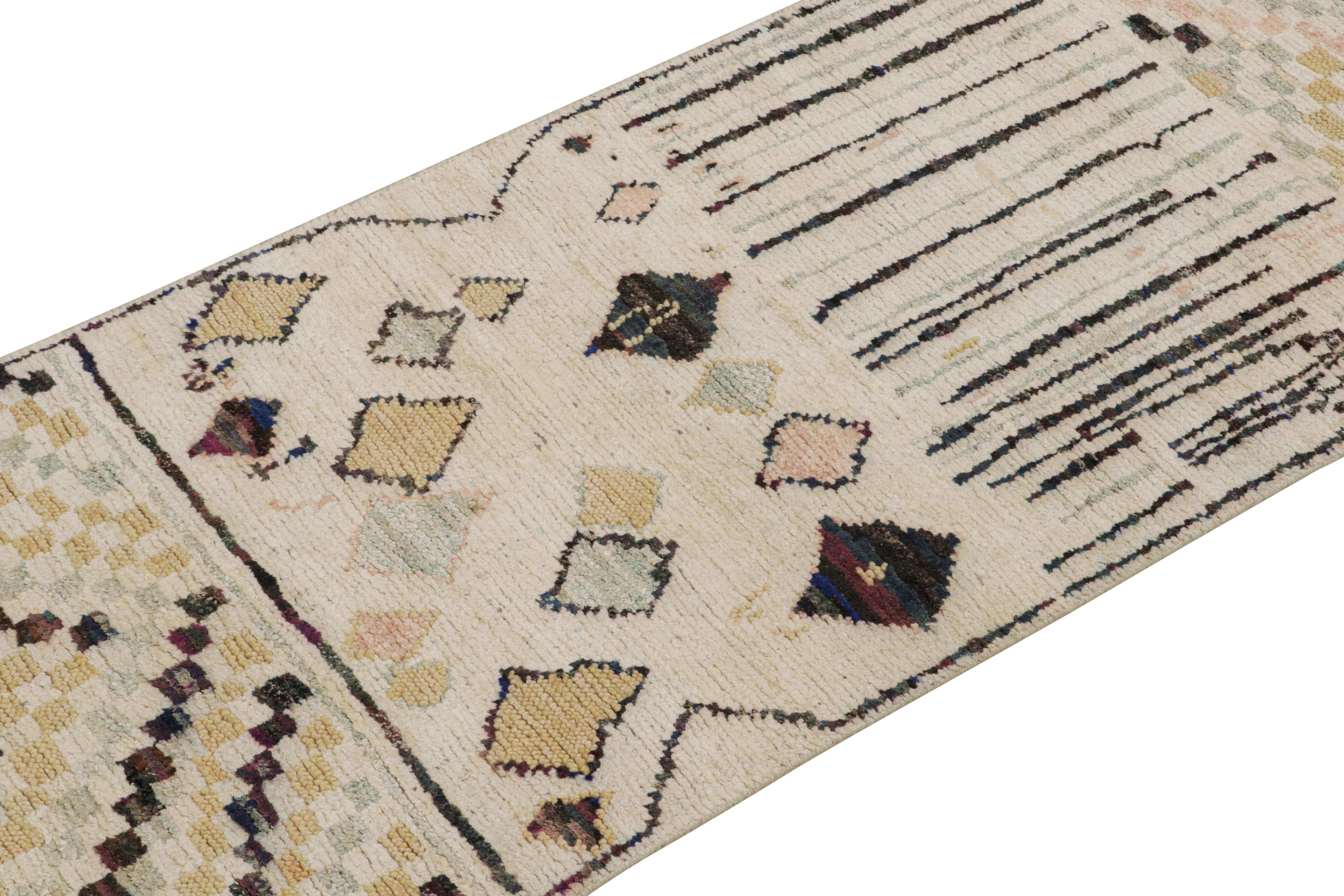 Indian Rug & Kilim’s Moroccan Style Runner Rug in Beige with Colorful Geometric Pattern For Sale