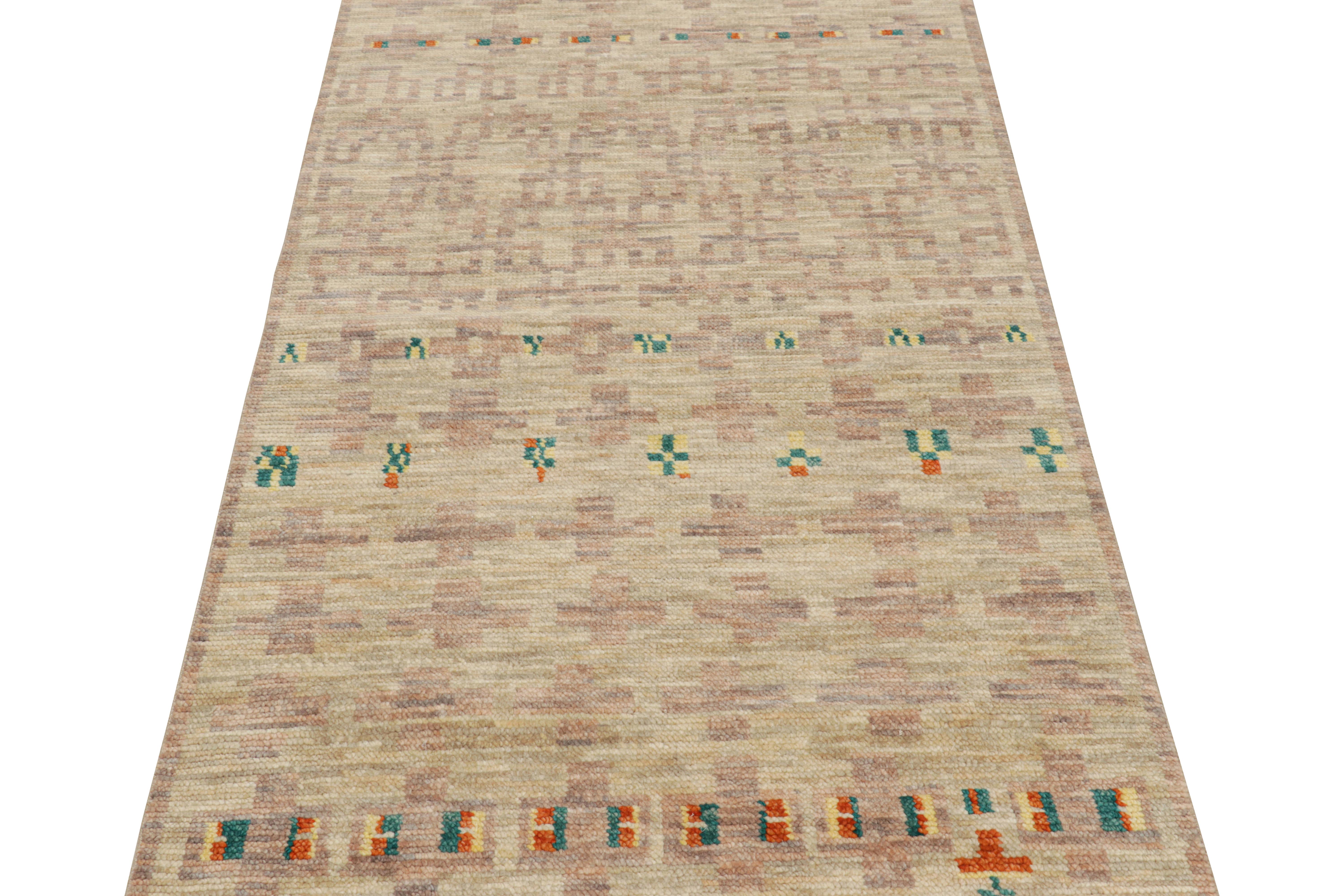 Hand-knotted in wool, this 3x12 contemporary Moroccan style rug features a ribbed texture and geometric patterns inspired by the primitivist Berber weaving traditions. 

On the Design: 

Connoisseurs may admire the warm, graphic appeal of the rug