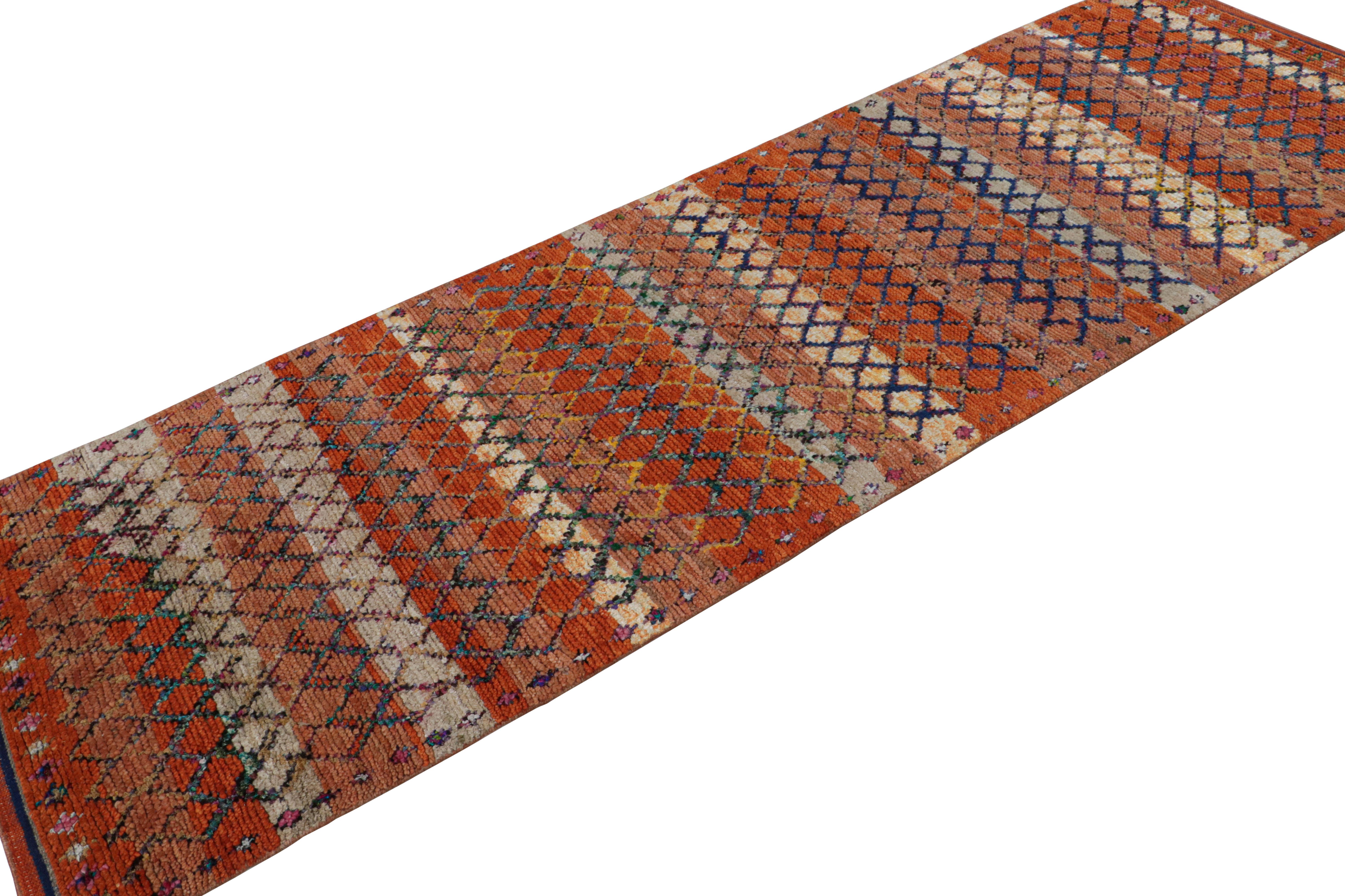Hand-knotted in wool and silk, this 3x10 Moroccan runner features a ribbed texture and geometric patterns inspired by the primitivist Berber weaving traditions. 

On the Design: 

The runner carries a beloved look of Boucherouite fabric rugs.