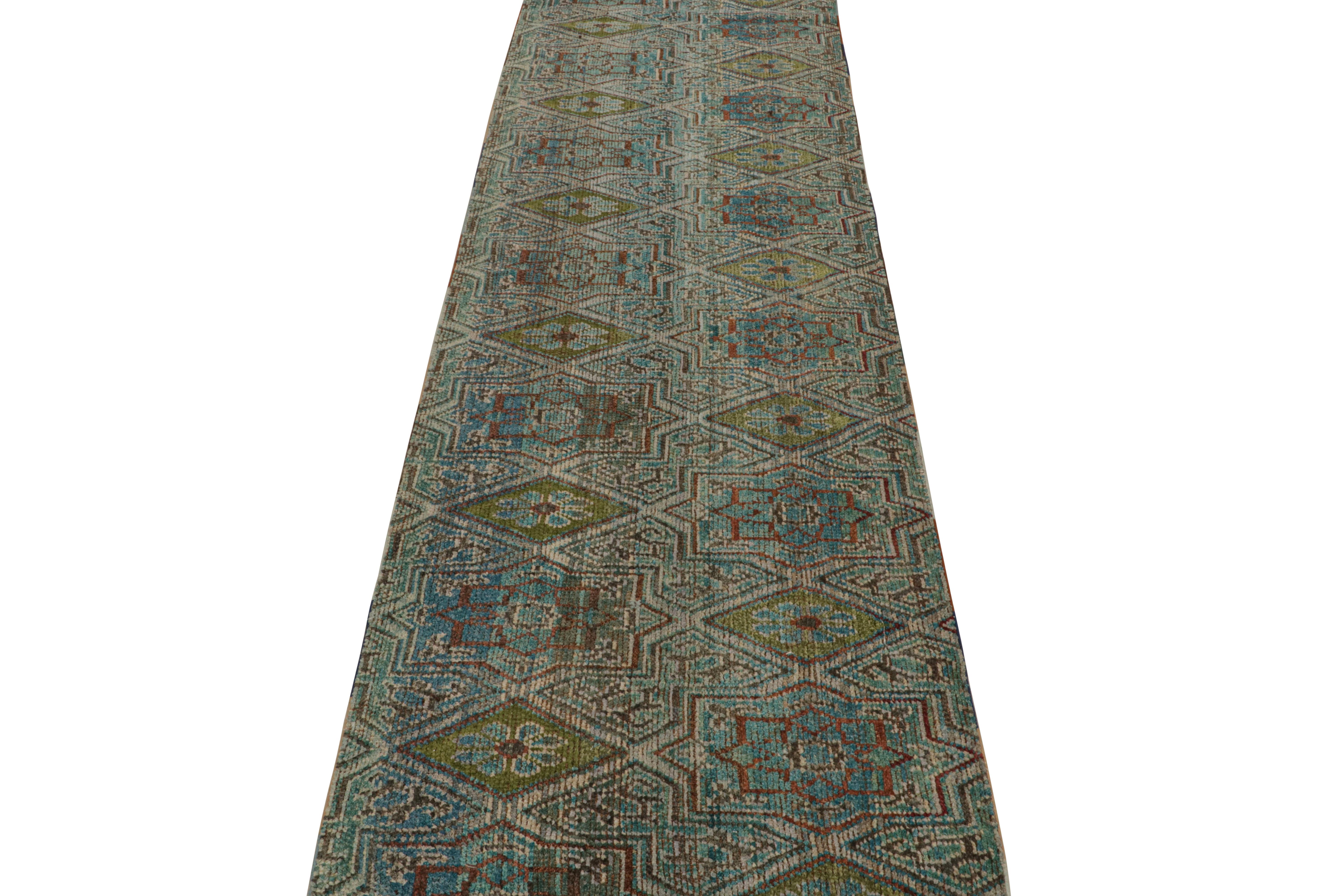 Indian Rug & Kilim’s Moroccan Style Runner Rug with Green and Blue Geometric Patterns For Sale