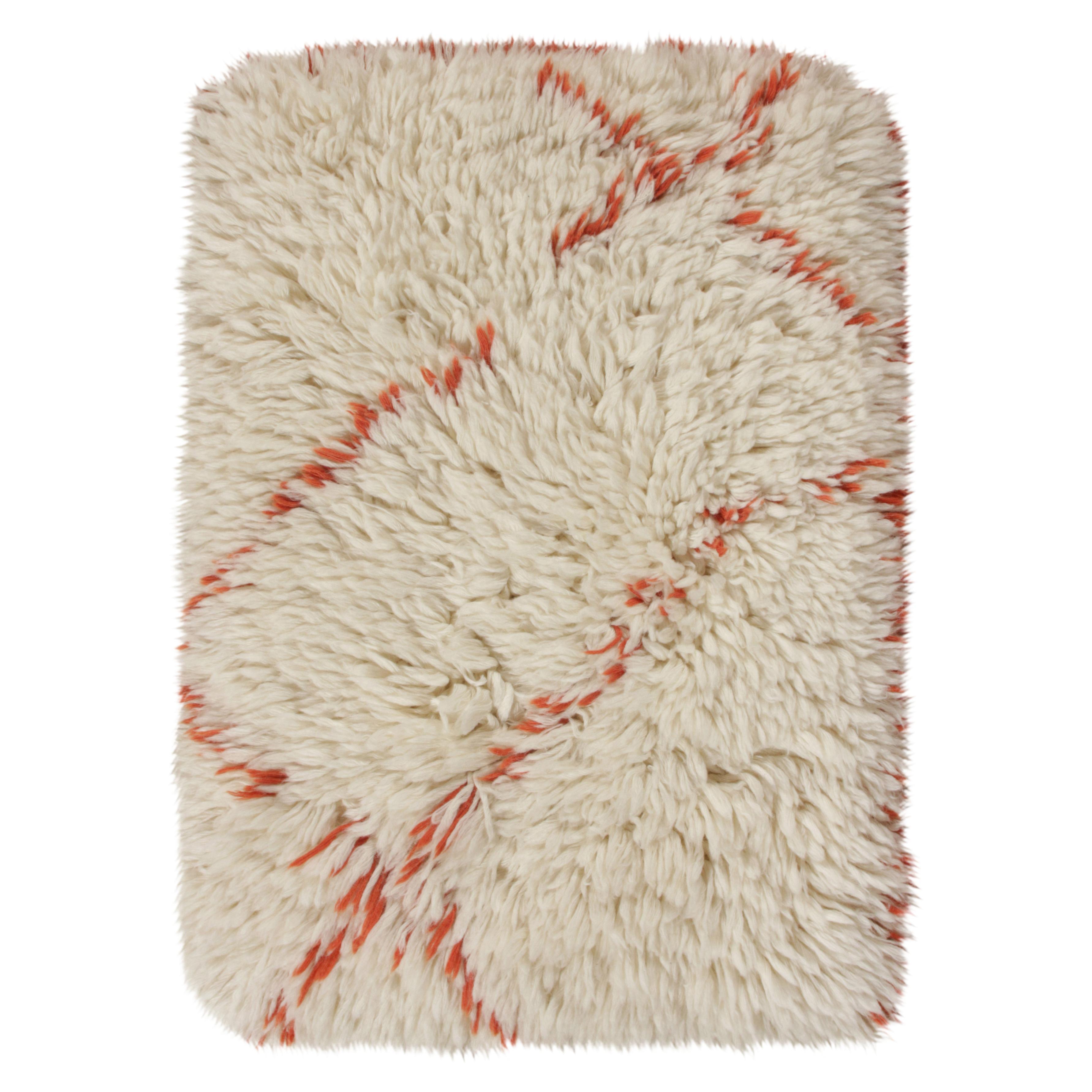 Rug & Kilim’s Moroccan Style Shag Rug in White, Red Geometric Pattern