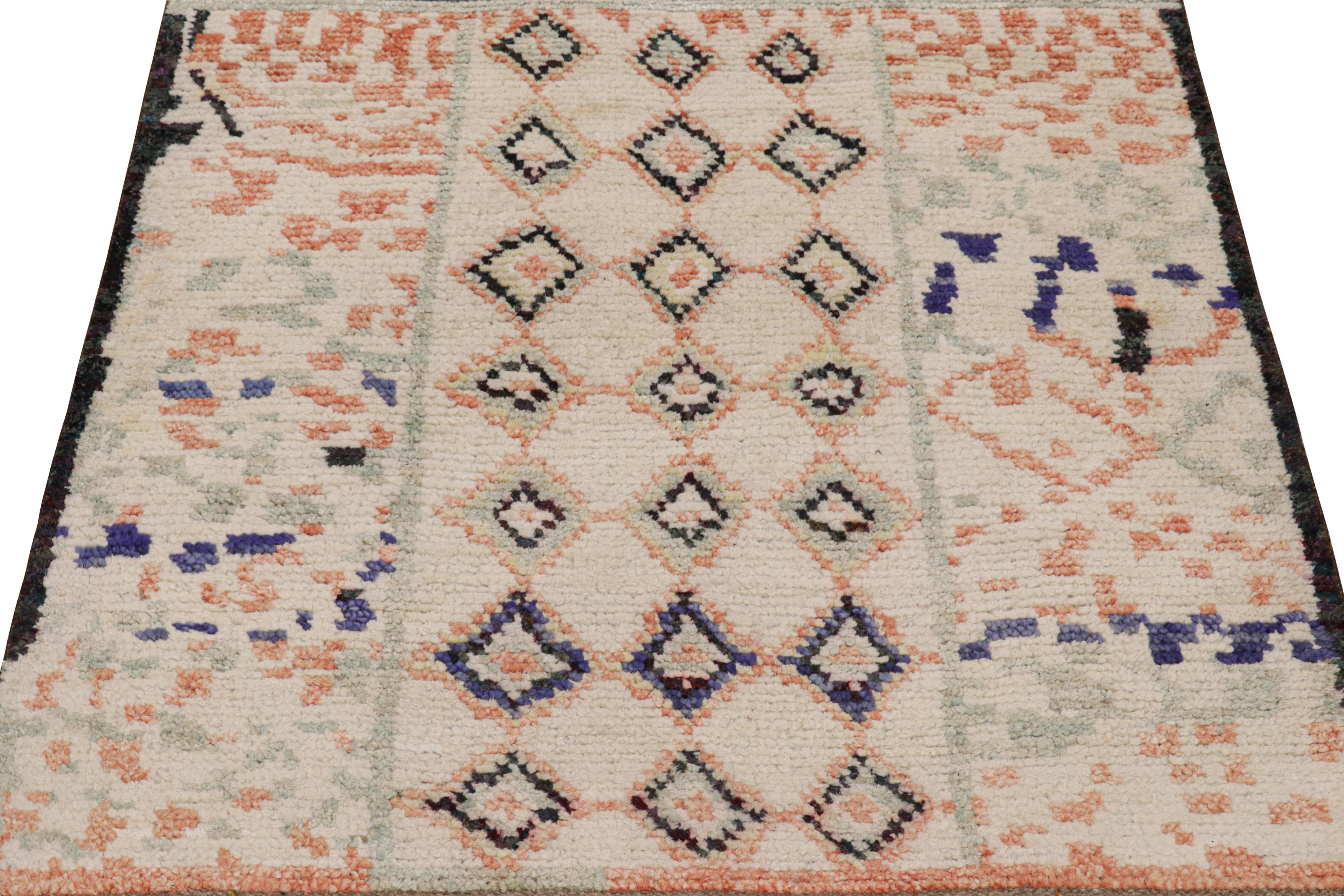 Hand-Knotted Rug & Kilim’s Moroccan Style Square Rug in White with Colorful Geometric Pattern For Sale