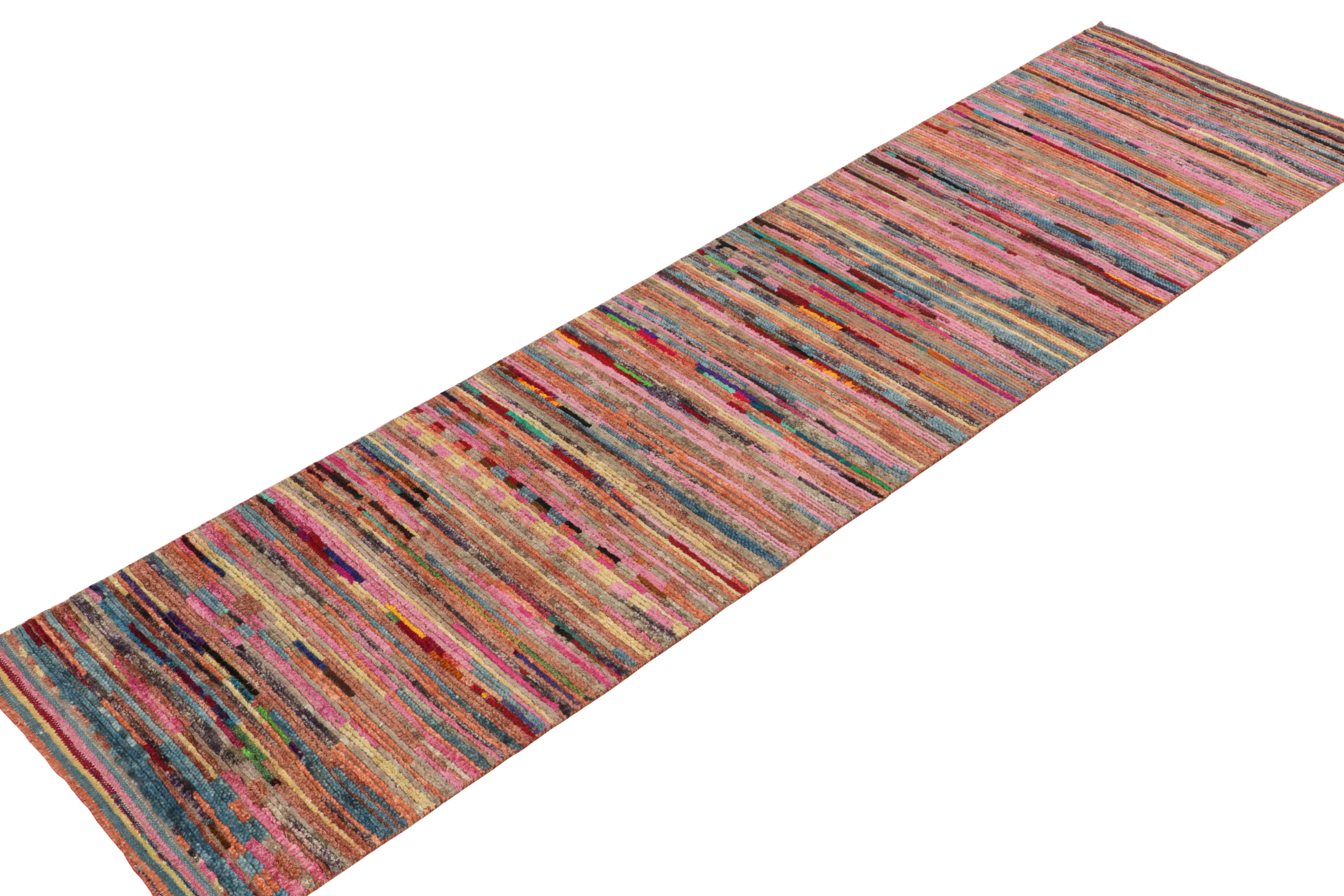 Indian Rug & Kilim's Moroccan Tribal Style Runner in Pink, Multicolor Stripe Patterns For Sale
