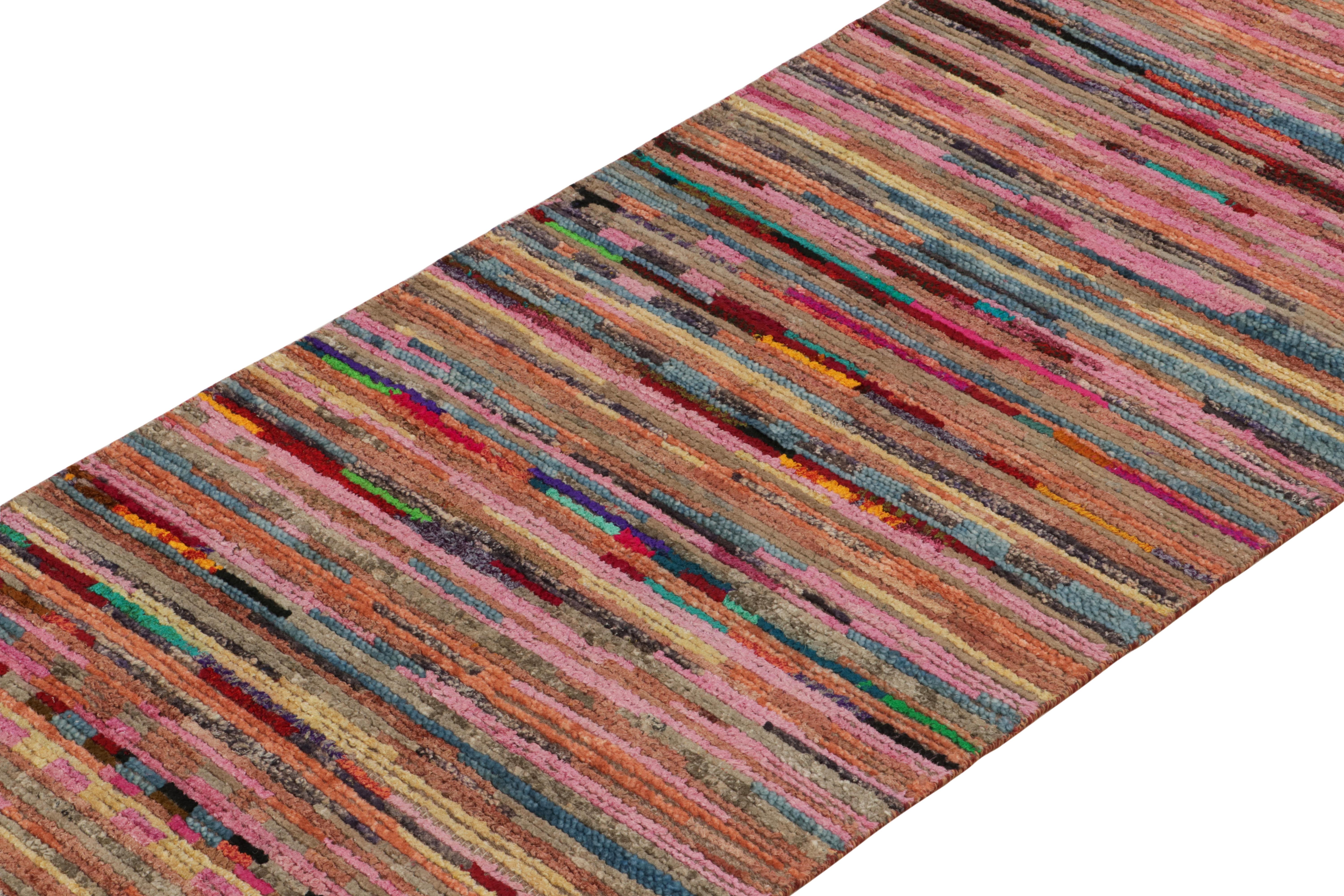 Hand-Knotted Rug & Kilim's Moroccan Tribal Style Runner in Pink, Multicolor Stripe Patterns For Sale