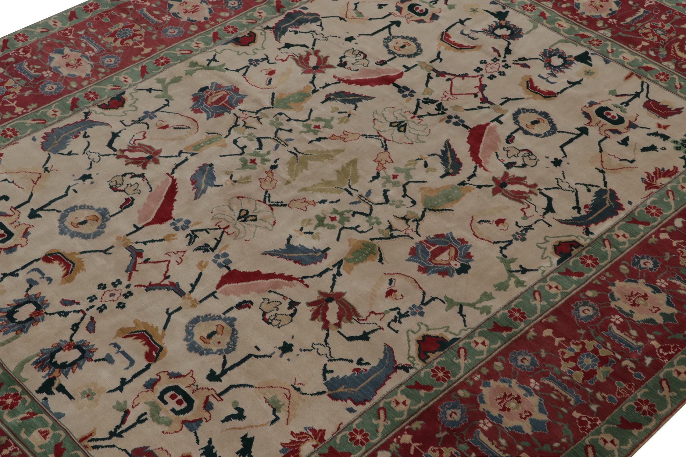 Hand-Knotted Rug & Kilim’s Traditional Agra style rug in Beige, Red and Teal Floral Pattern For Sale