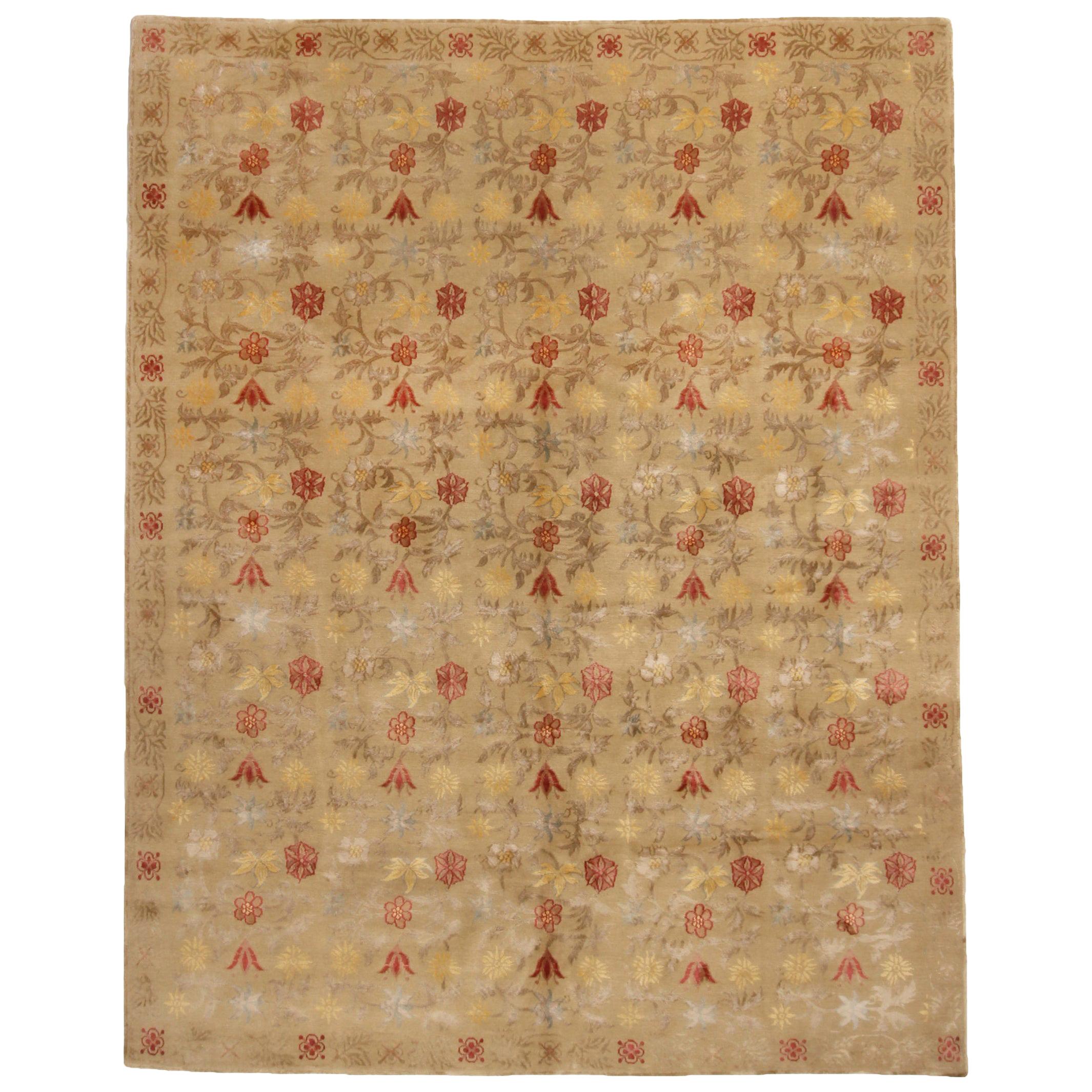 Rug & Kilim's New Bilbao Transitional Spanish Design Beige and Red Wool-Silk Rug For Sale