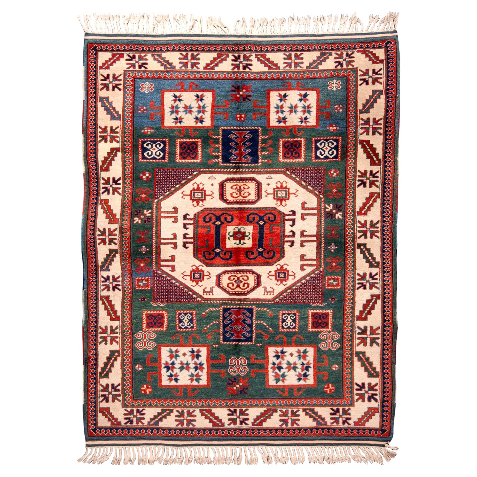Rug & Kilim's New Kazak Transitional Roter und grüner Wollteppich mit Horn-Motiven
