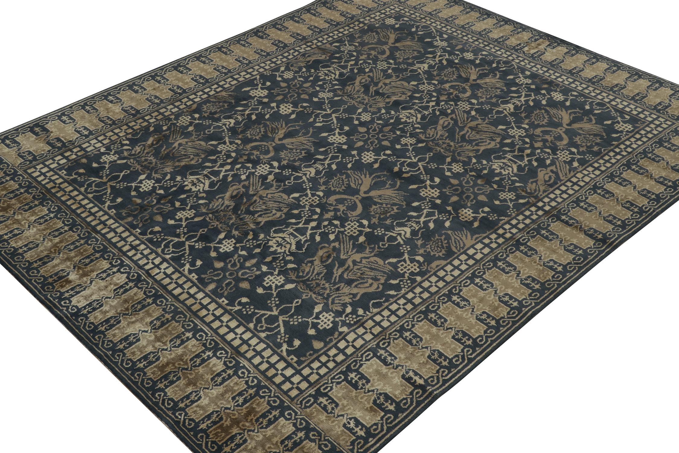 This 8x10 rug is a new addition to Rug & Kilim's European Collection,  inspired by antique interpretations of Oriental dragon rugs.  Its hand-knotted wool and silk blend plays bronze with beige notes on navy blue.

Further On the Design:

Keen eyes