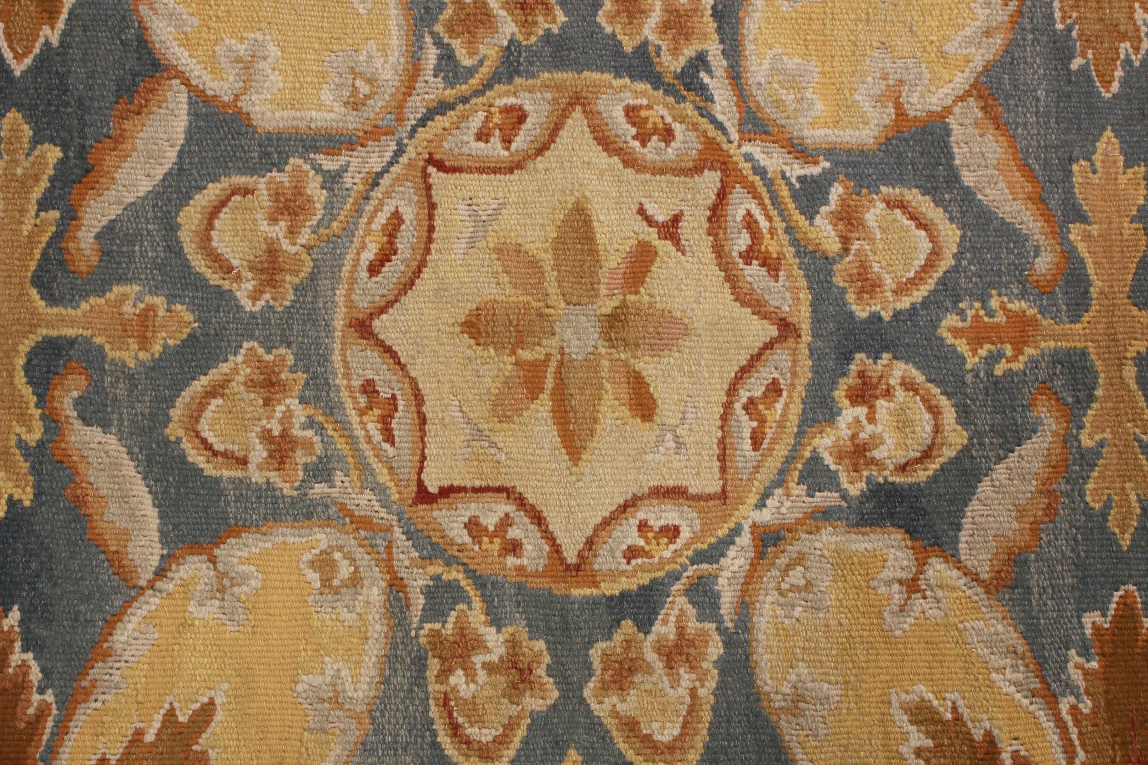 Originating from China, this new transitional wool rug employs an homage to 18th century Aubusson style in an all-over field design with distinct modern colorways. Hand knotted in high-quality wool, the multi-tonal shading of the rippling floral