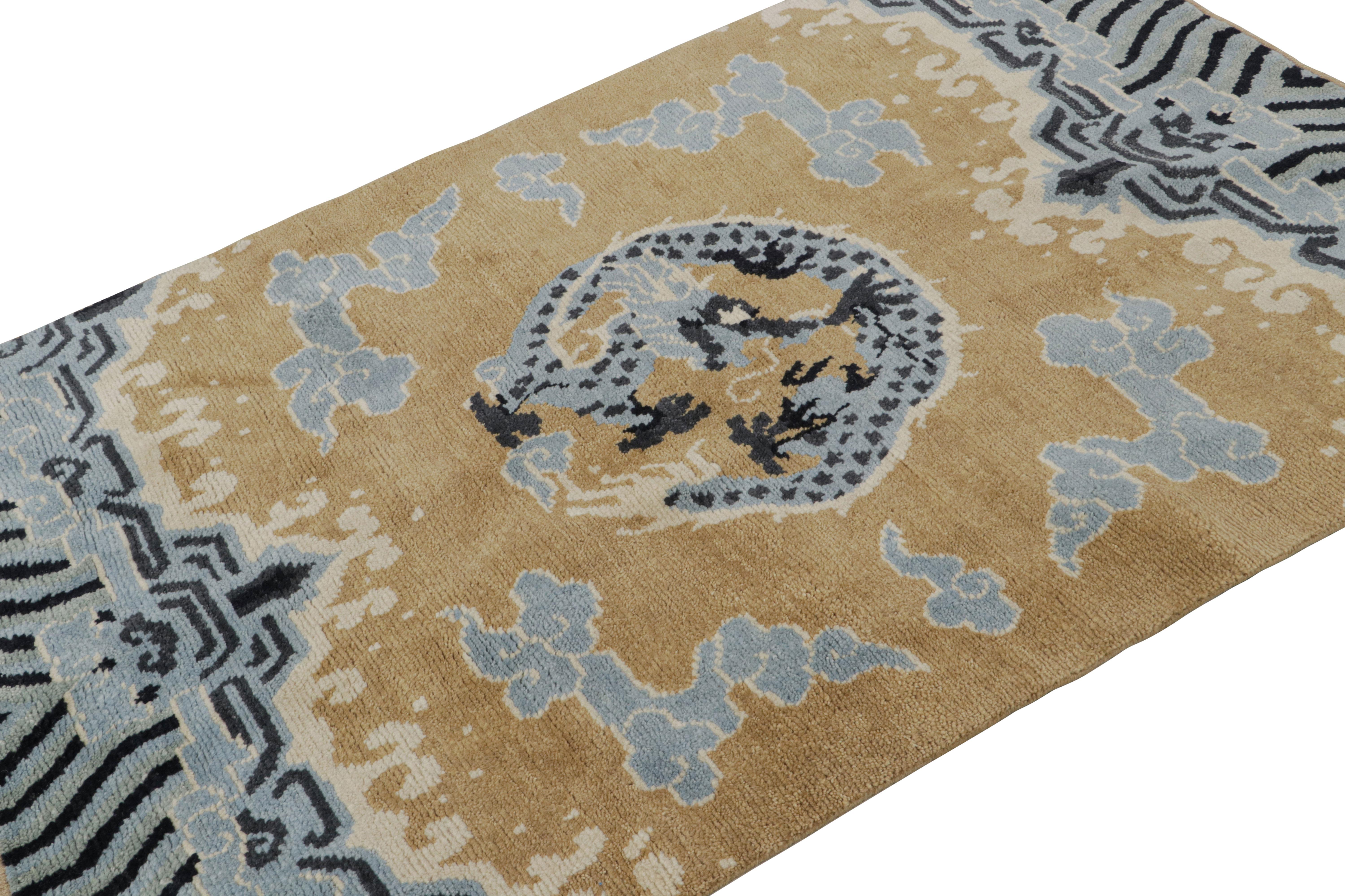 This 4x6 rug from the Modern Classics Collection is inspired by a turn-of-the-century Ningxia rug with dragon pictorials. 

On the design: 

Connoisseurs will admire Ningxia as a particular quality of Chinese rugs and even East Turkestani Khotan
