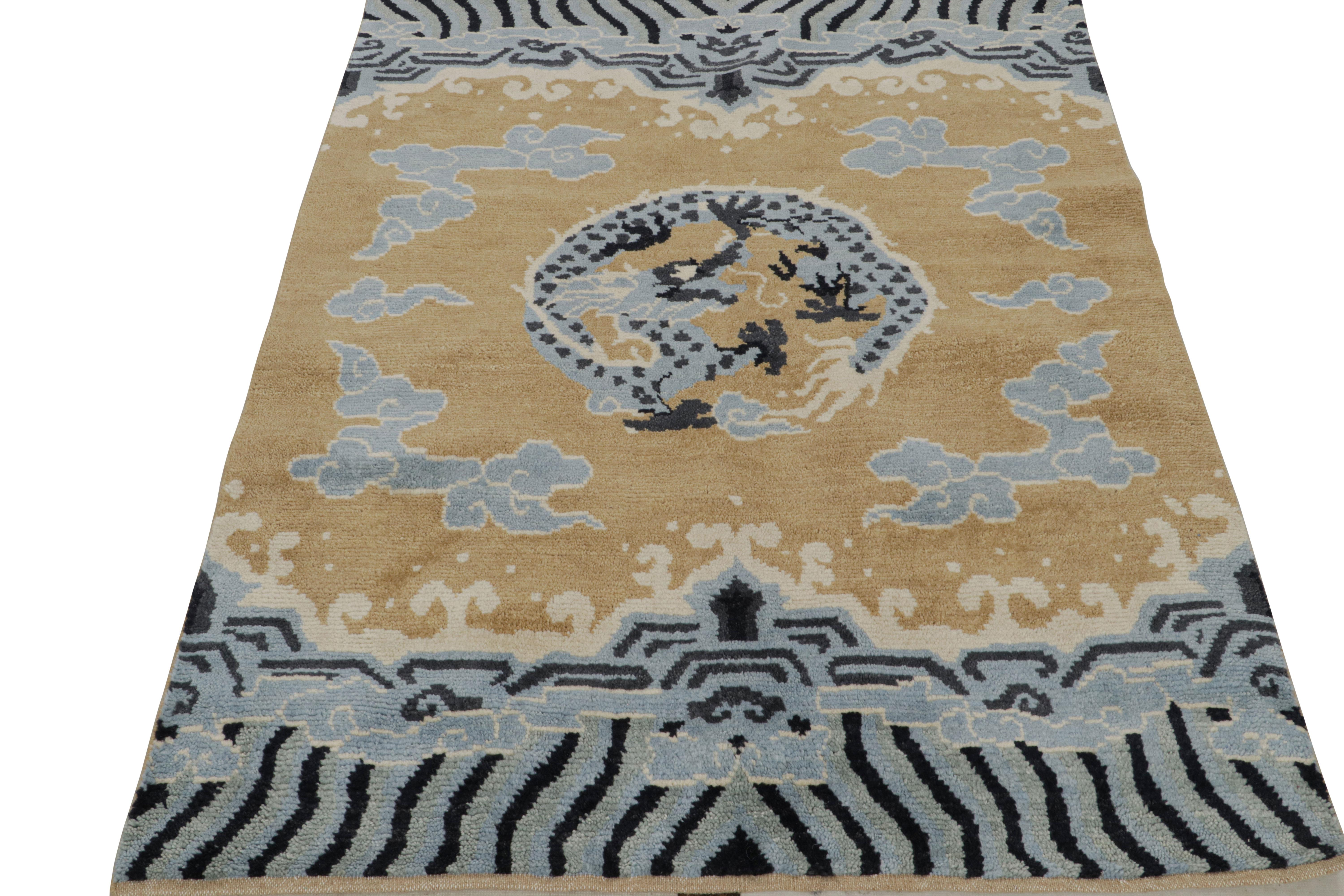 Indian Rug & Kilim’s Ningxia style Dragon Rug in Gold with Blue Pictorial Medallion For Sale