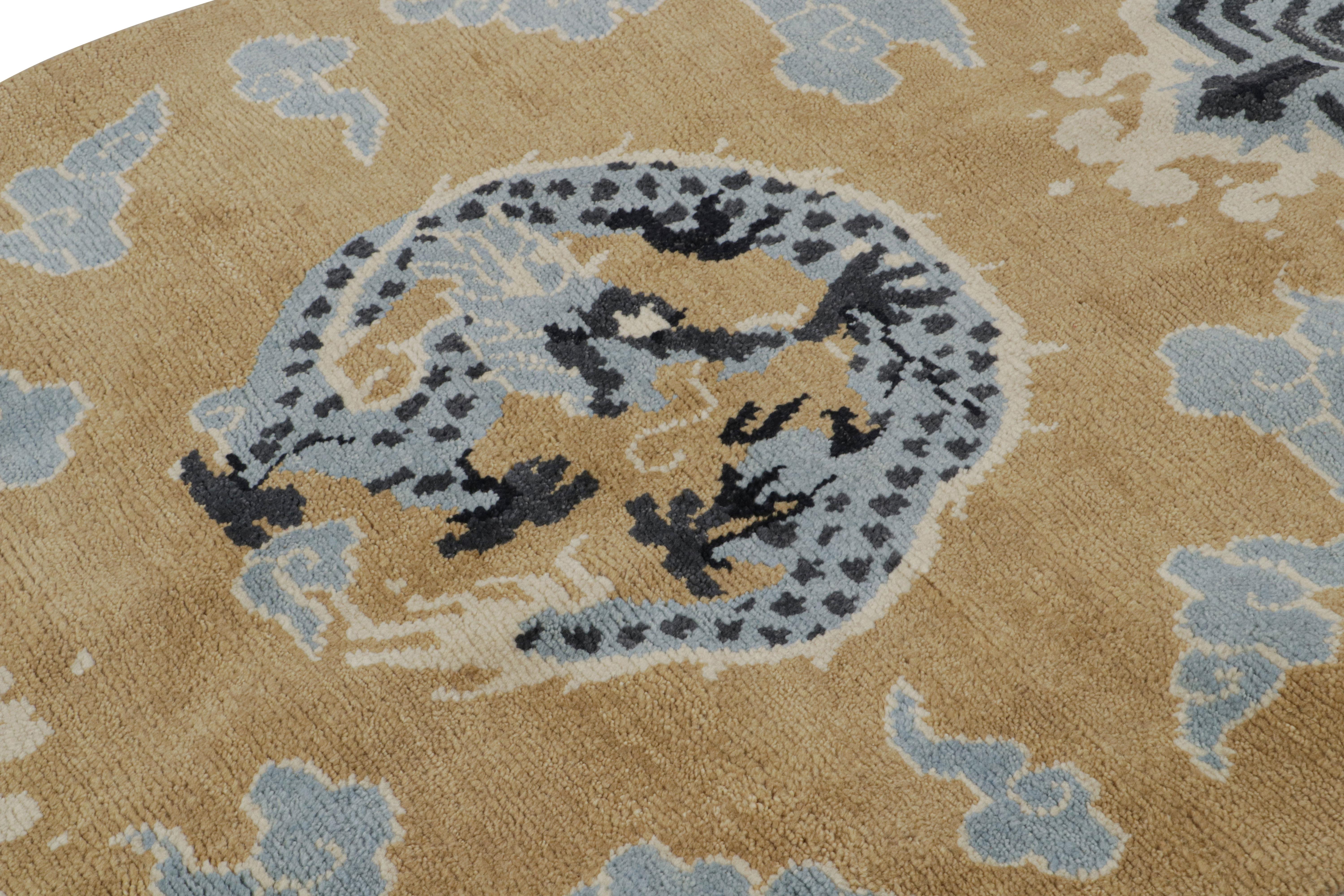 Hand-Knotted Rug & Kilim’s Ningxia style Dragon Rug in Gold with Blue Pictorial Medallion For Sale