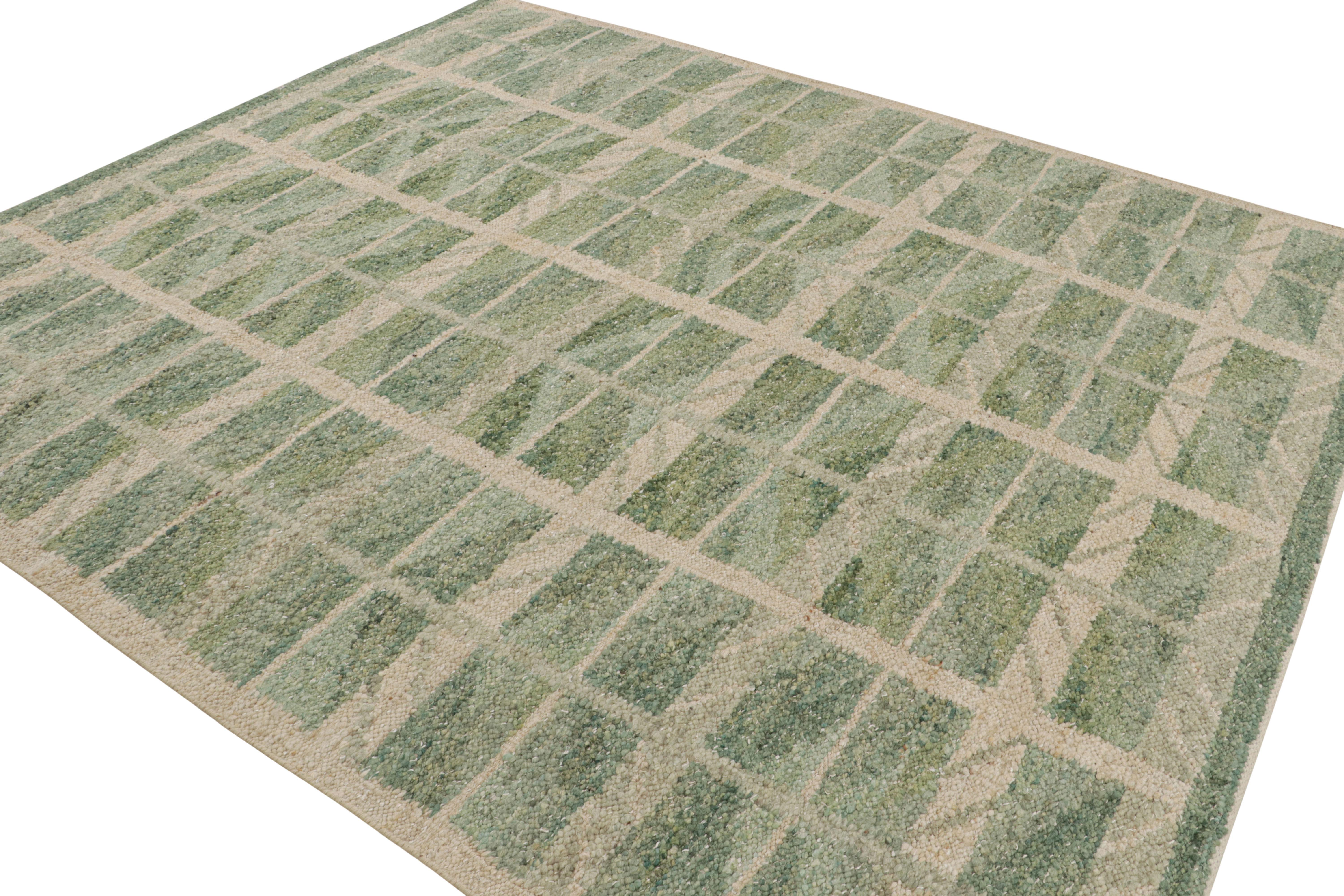 Modern Rug & Kilim’s “Nu” Scandinavian Style Rug with Green and Beige Geometric Pattern For Sale