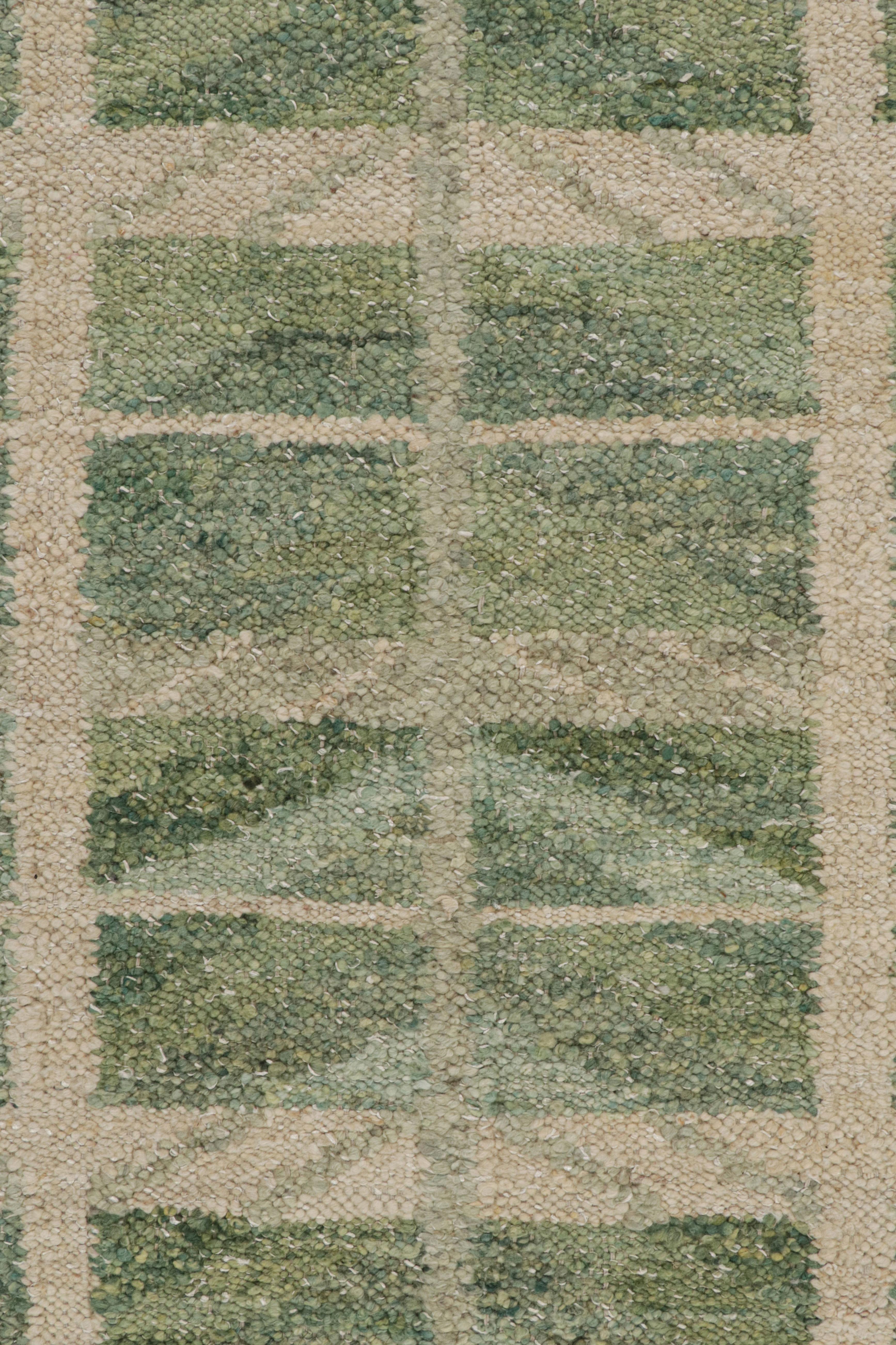 Indian Rug & Kilim’s “Nu” Scandinavian Style Rug with Green and Beige Geometric Pattern For Sale
