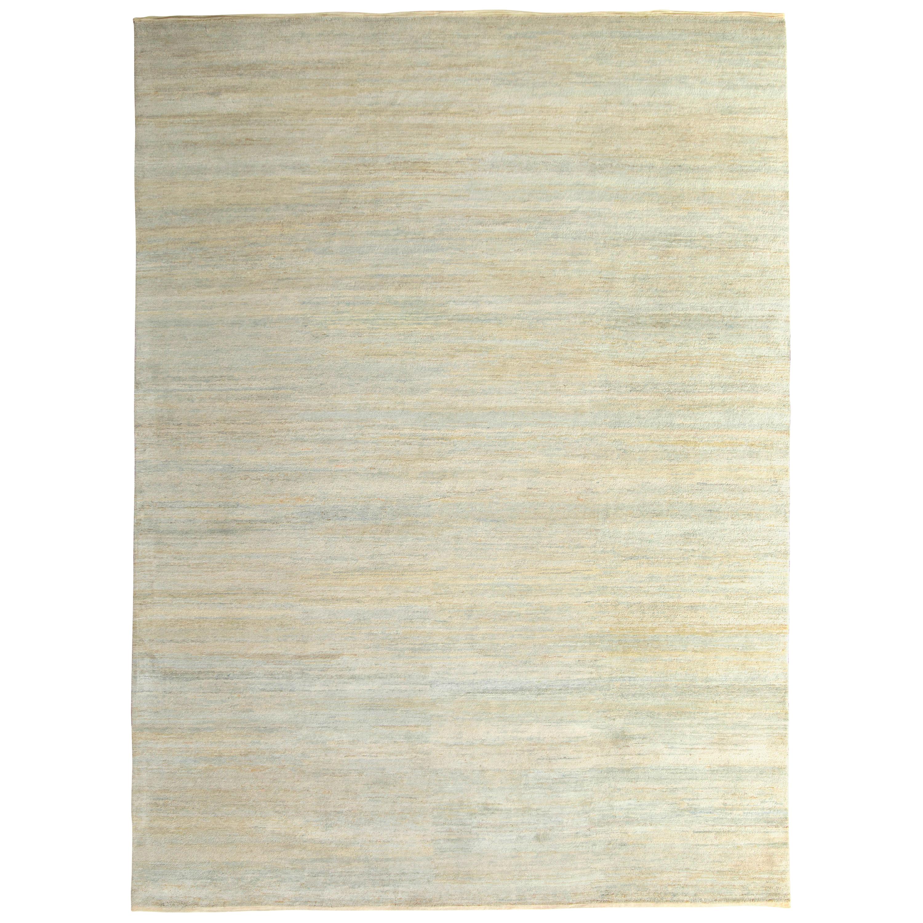 Rug & Kilim's Open Field Modern Rug Beige with Blue Silk Texture of Color For Sale