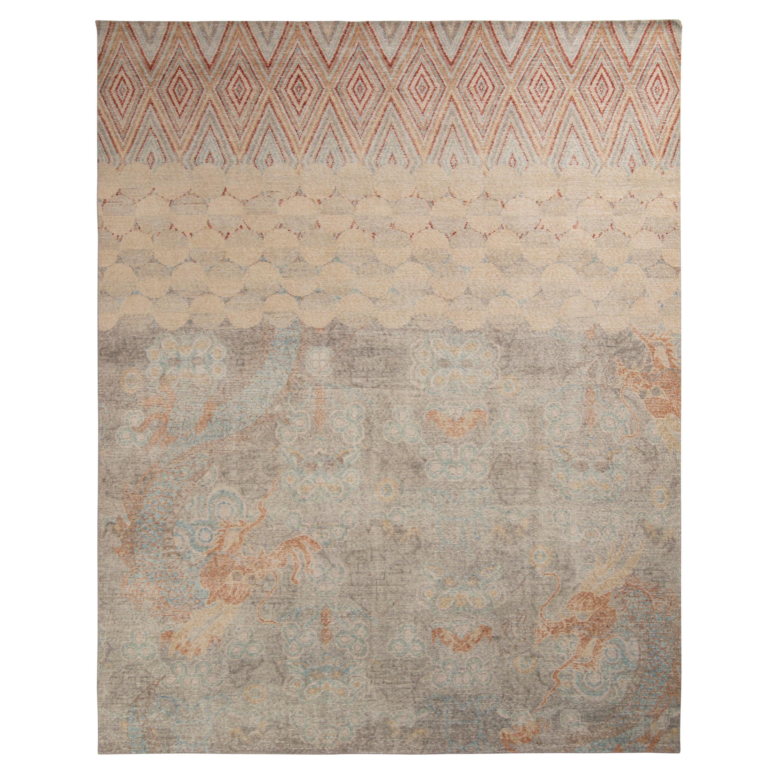 Rug & Kilim’s Oriental Style Dragon Custom Rug in Distressed Silver-Gray and Blu For Sale