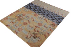Rug & Kilim’s Oriental Style Dragon Rug in Distressed Gold and Blue