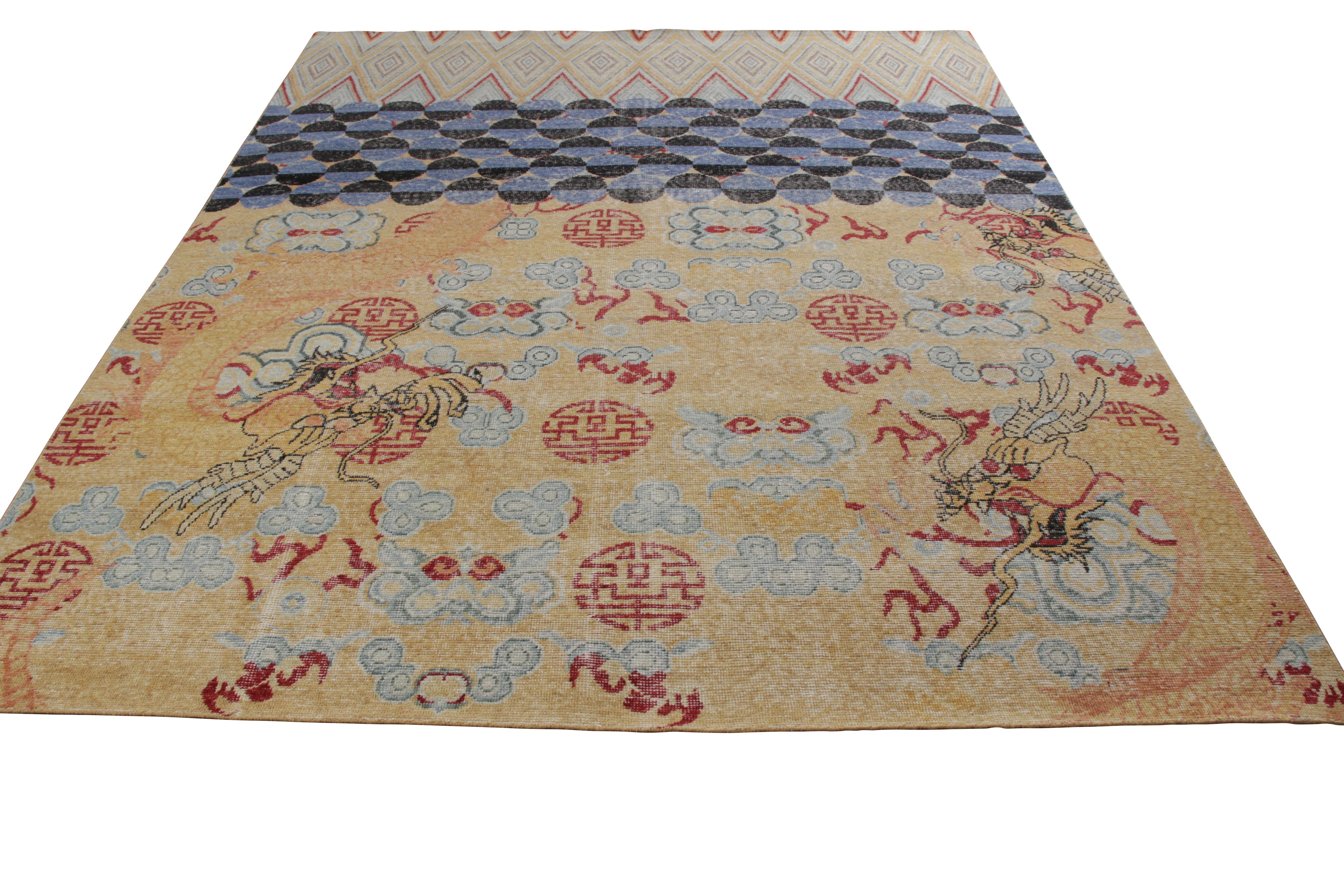 Modern Rug & Kilim’s Oriental Style Dragon Rug in Distressed Gold and Blue For Sale