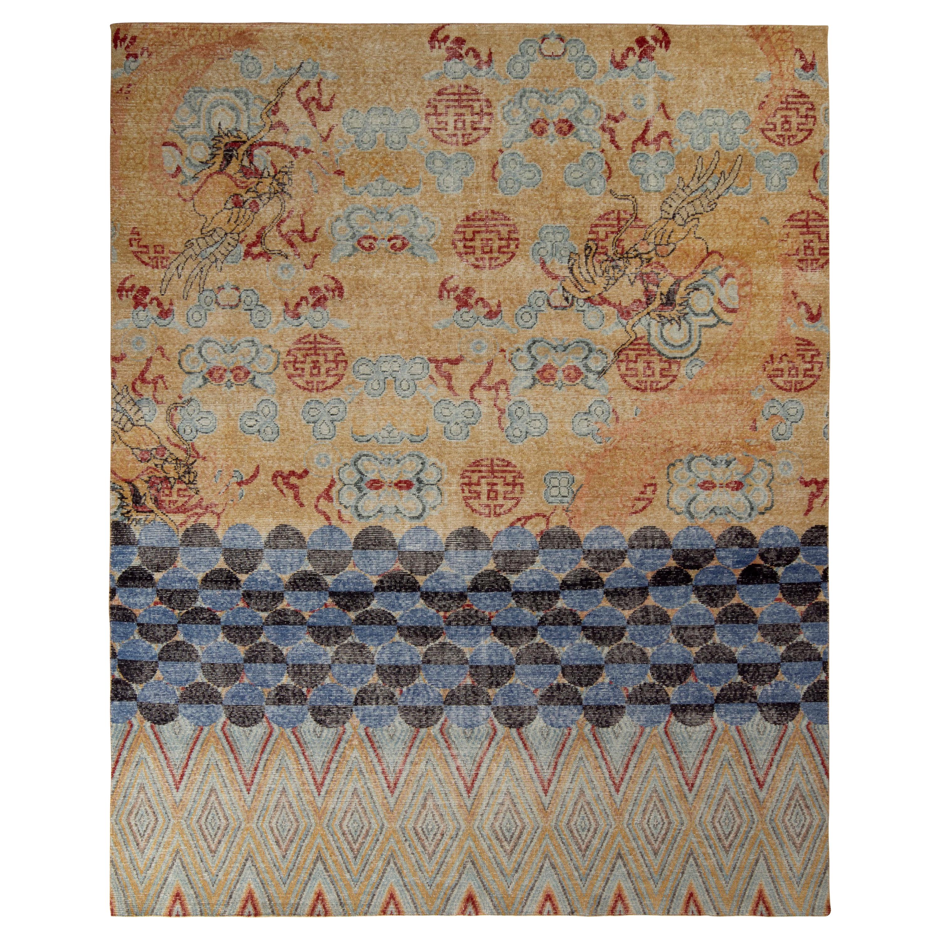 Rug & Kilim’s Oriental Style Dragon Rug in Distressed Gold and Blue For Sale