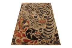 Rug & Kilim’s Oriental Style Tiger Rug in Beige-Brown and Blue Pictorial Pattern
