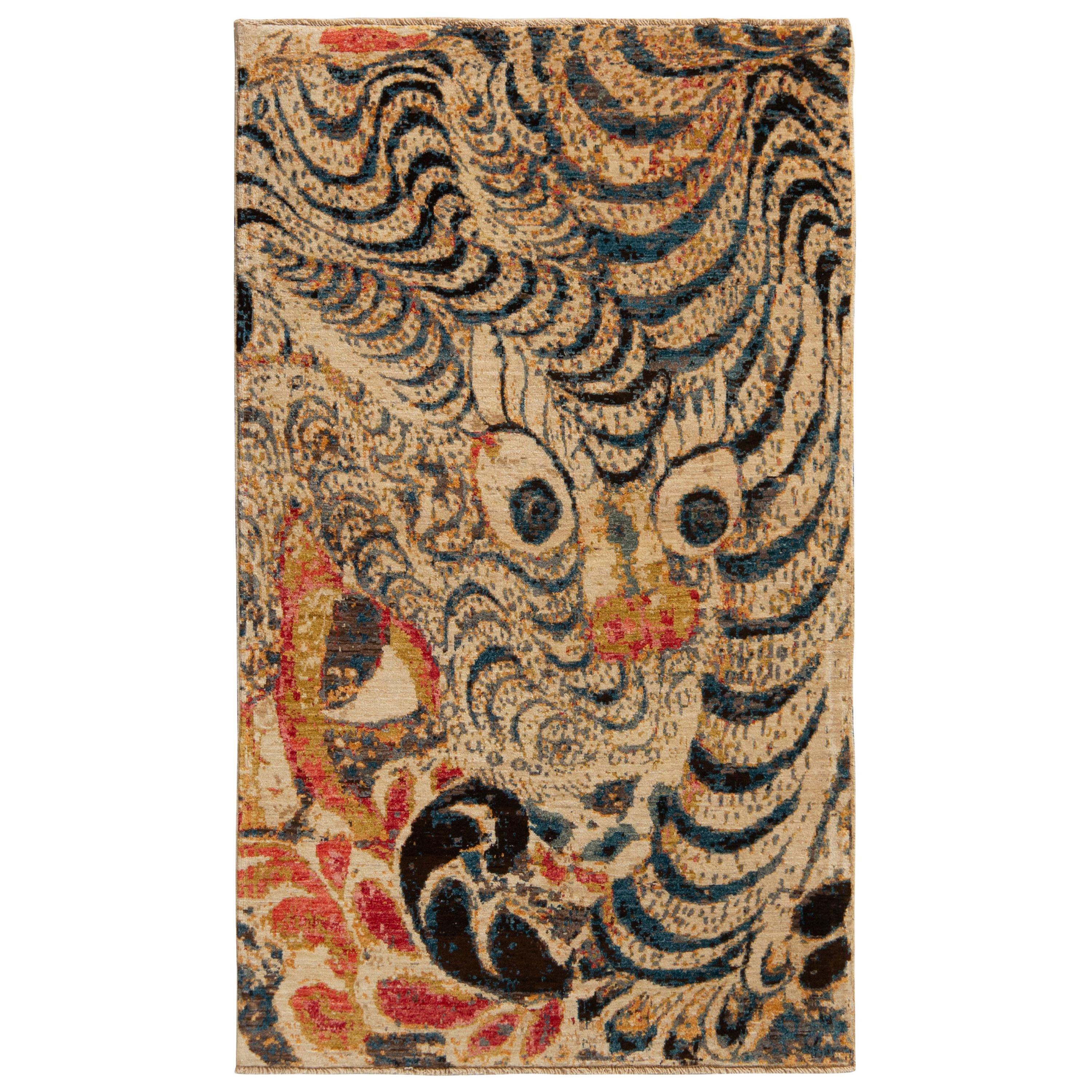 Rug & Kilim’s Oriental Style Tiger Rug in Beige-Brown and Blue Pictorial Pattern For Sale