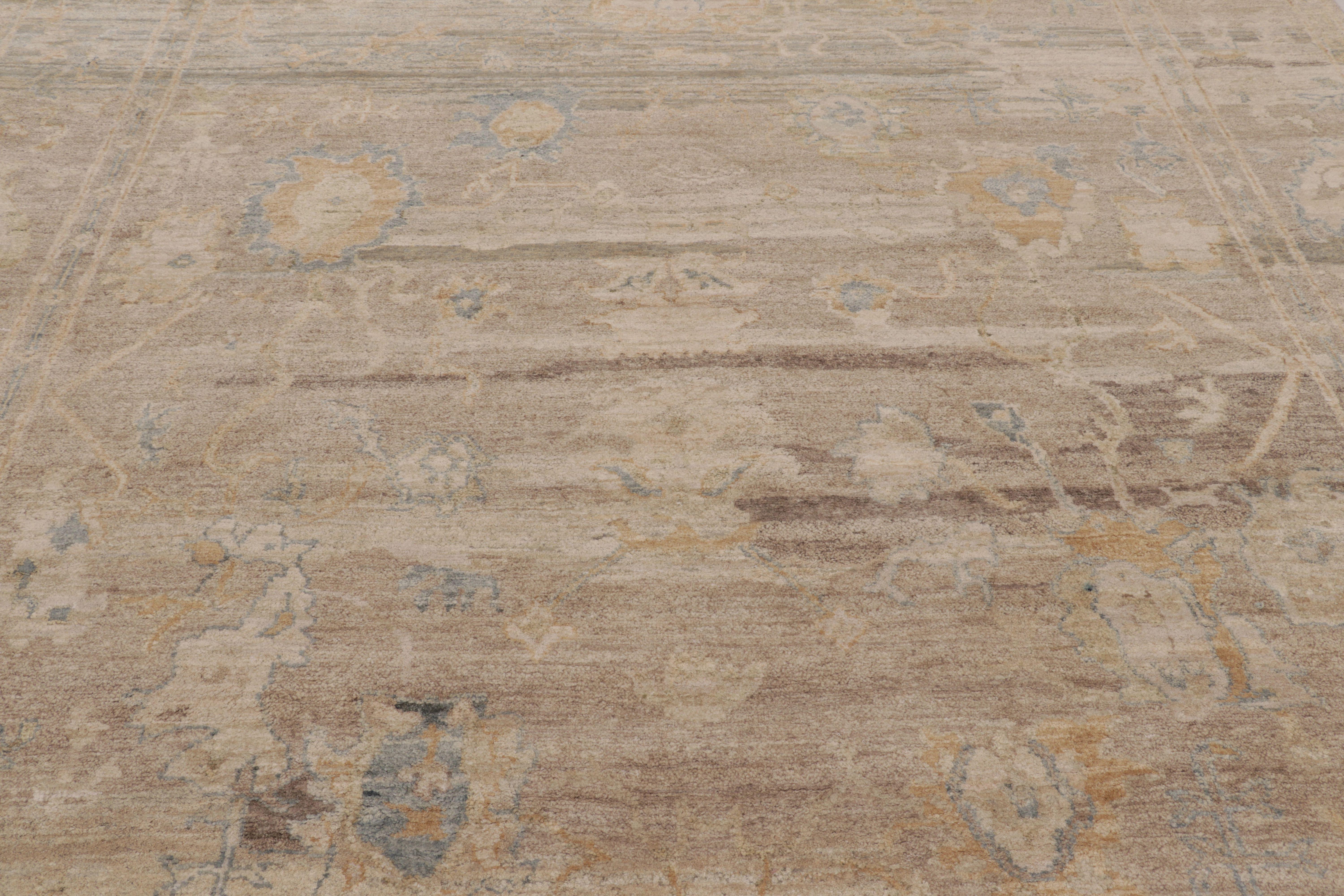 Indian Rug & Kilim's Oushak-inspired Rug in Beige, Brown, and Blue Floral Design For Sale