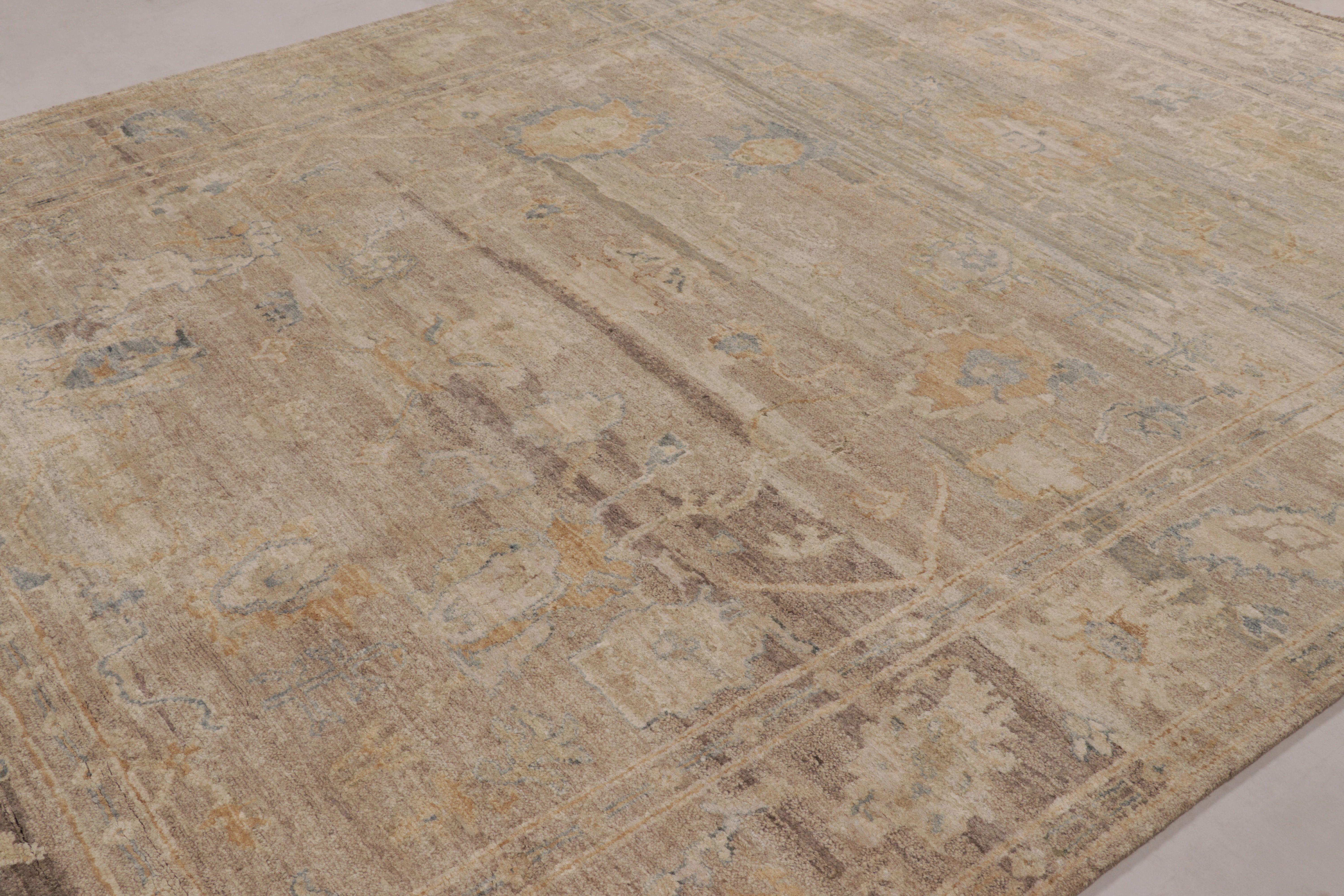 Rug & Kilim's Oushak-inspired Rug in Beige, Brown, and Blue Floral Design For Sale 1