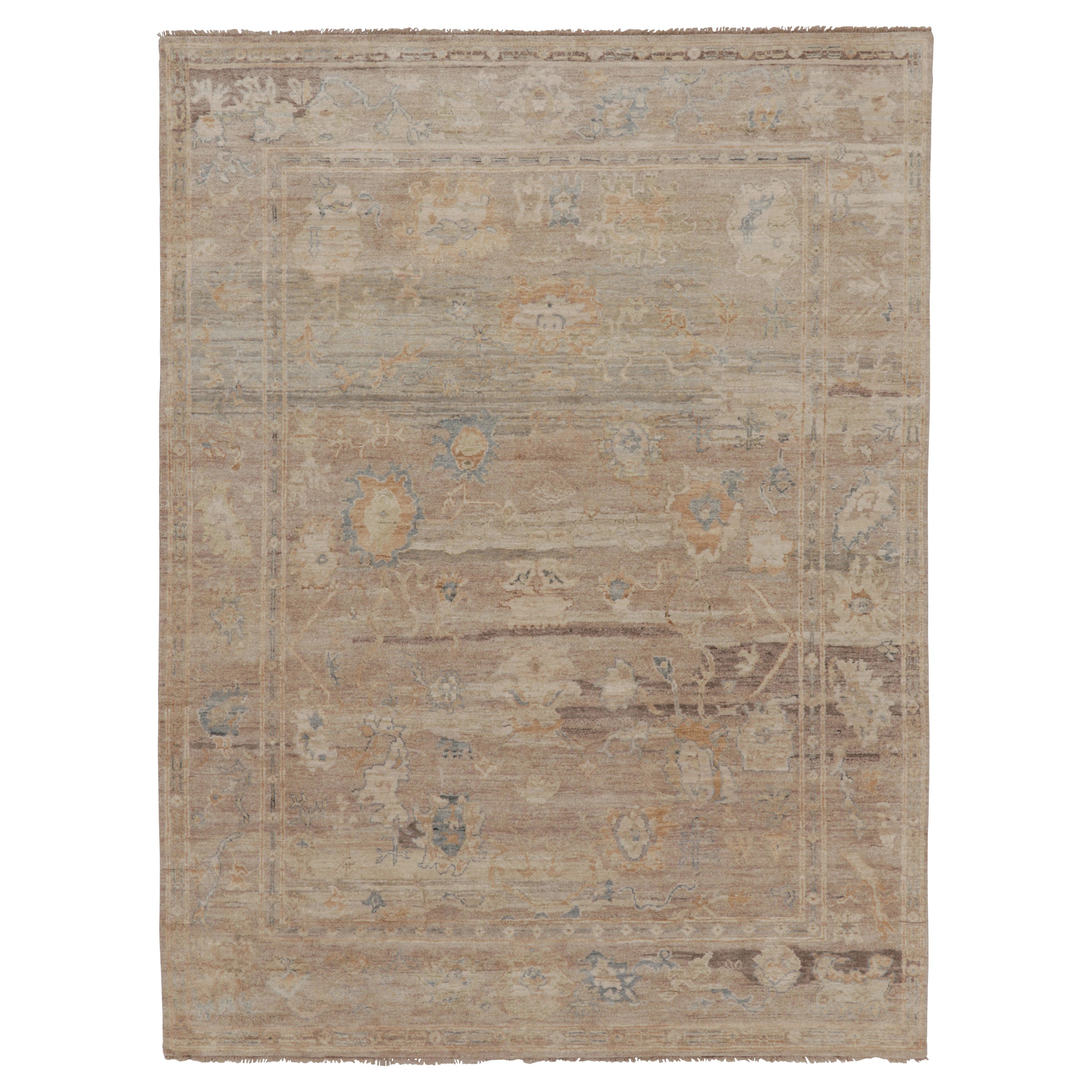 Rug & Kilim's Oushak-inspired Rug in Beige, Brown, and Blue Floral Design For Sale