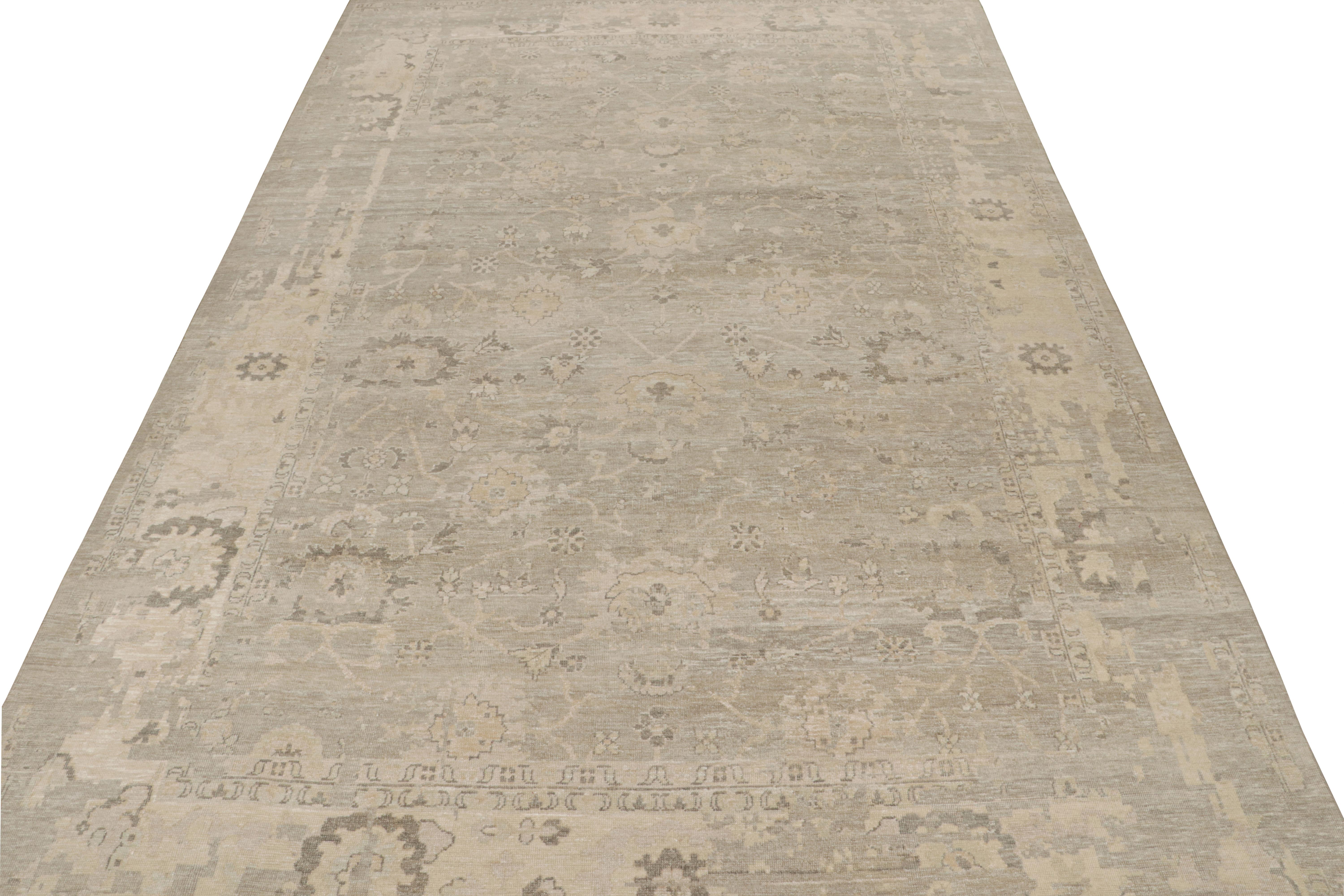 Indian Rug & Kilim’s Oushak Style Oversized Rug in Greige with Floral Pattern For Sale