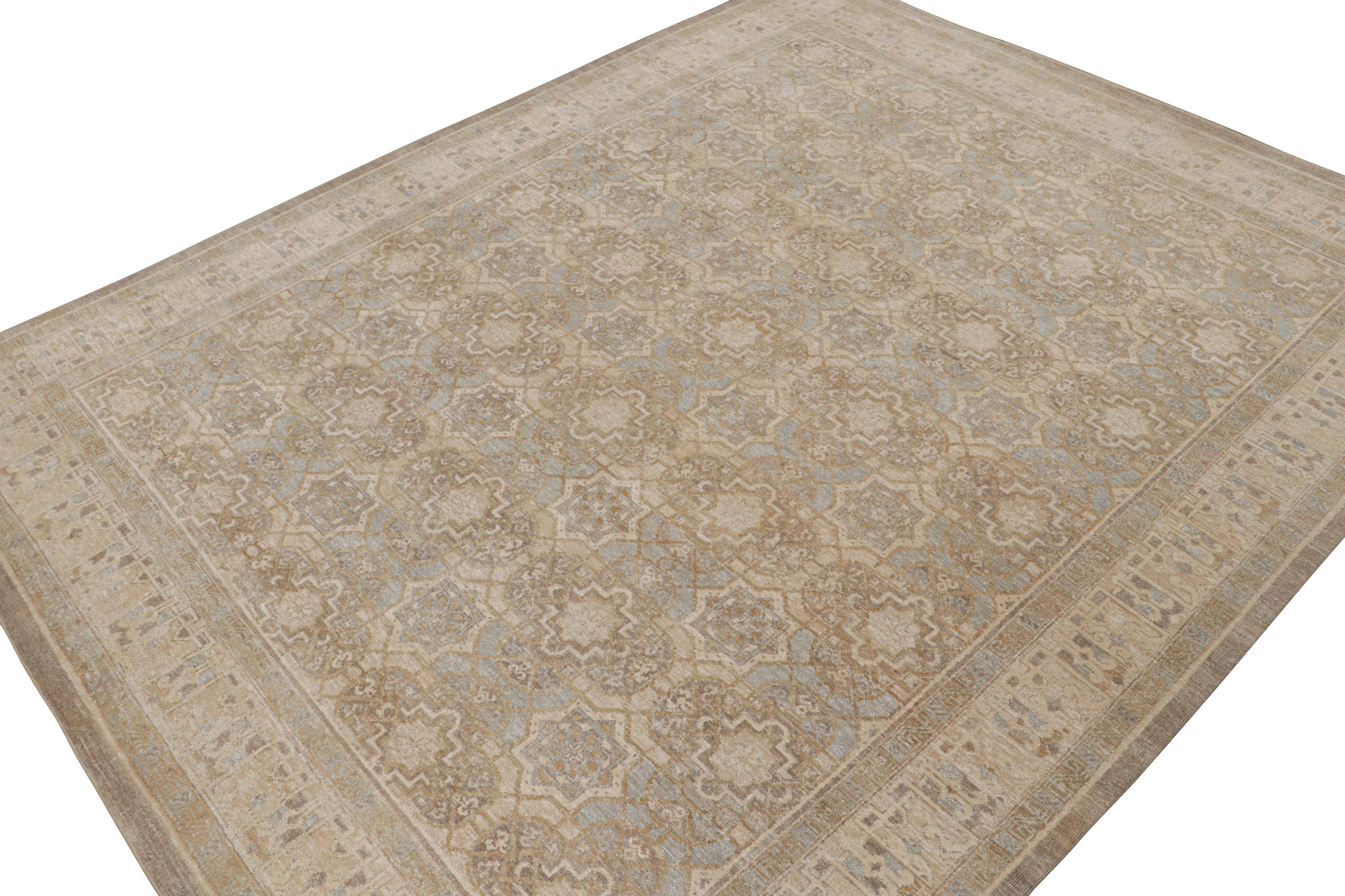 This 12x15 rug is inspired by antique Oushak rugs—from a bold new Modern Classics Collection by Rug & Kilim. Hand-knotted in silk, it enjoys taupe and rust undertones, bright blue and gold accents, tribal motifs and floral patterns. 

On the