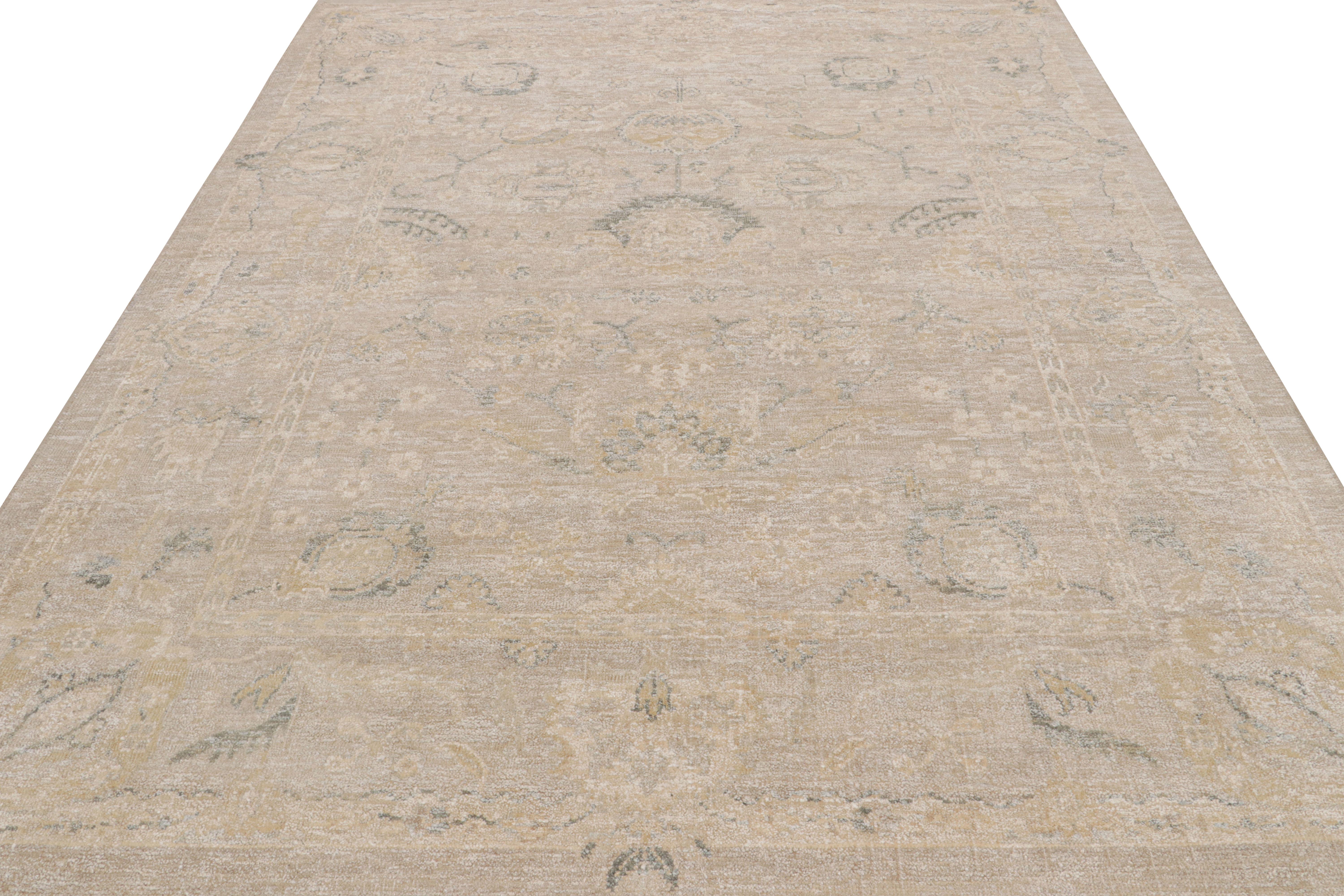 Indian Rug & Kilim’s Oushak Style Rug In Beige-Brown and Gray with Floral Patterns For Sale