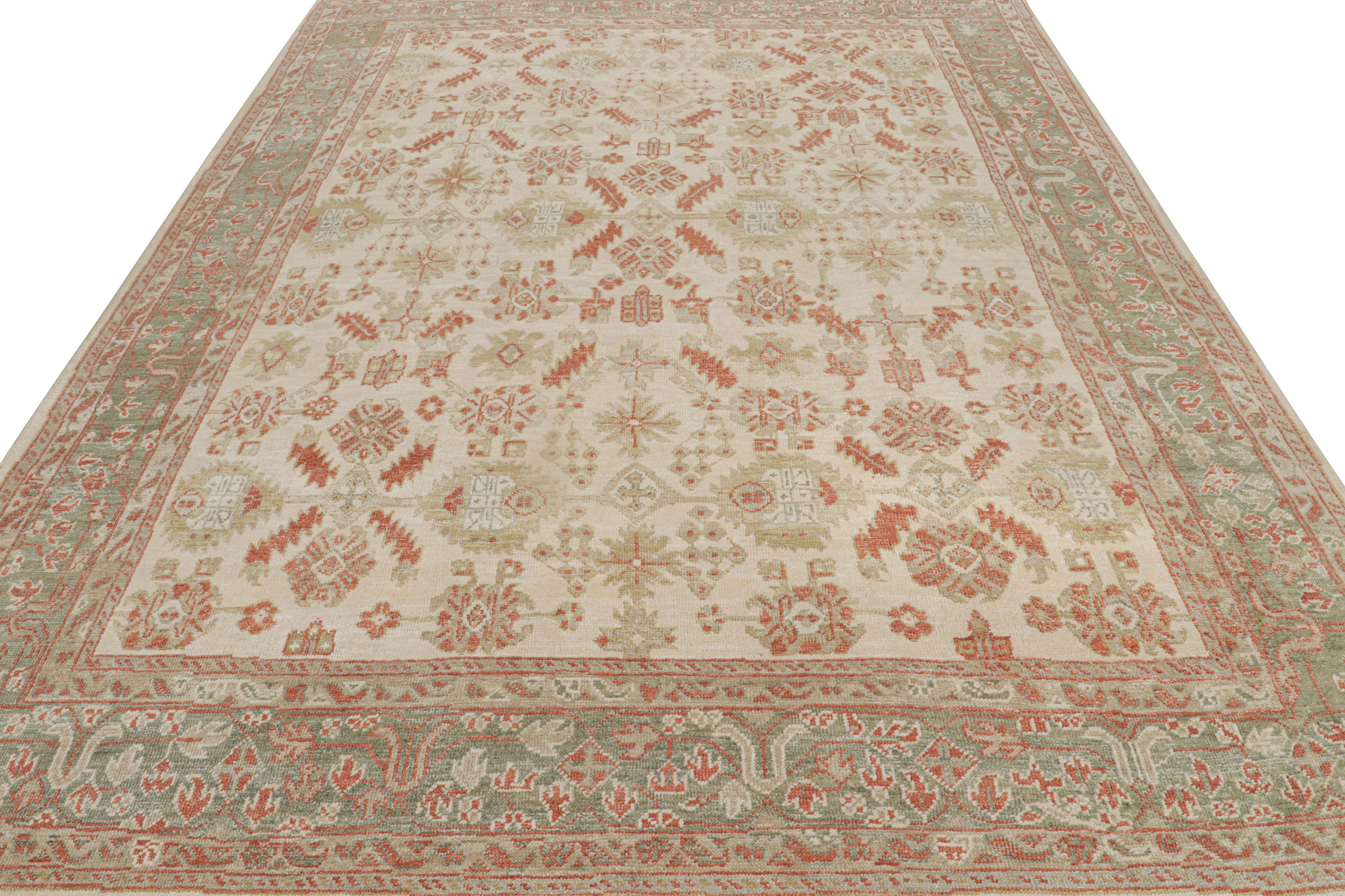 Indian Rug & Kilim’s Oushak Style Rug In Beige-Brown and Red Floral Pattern For Sale