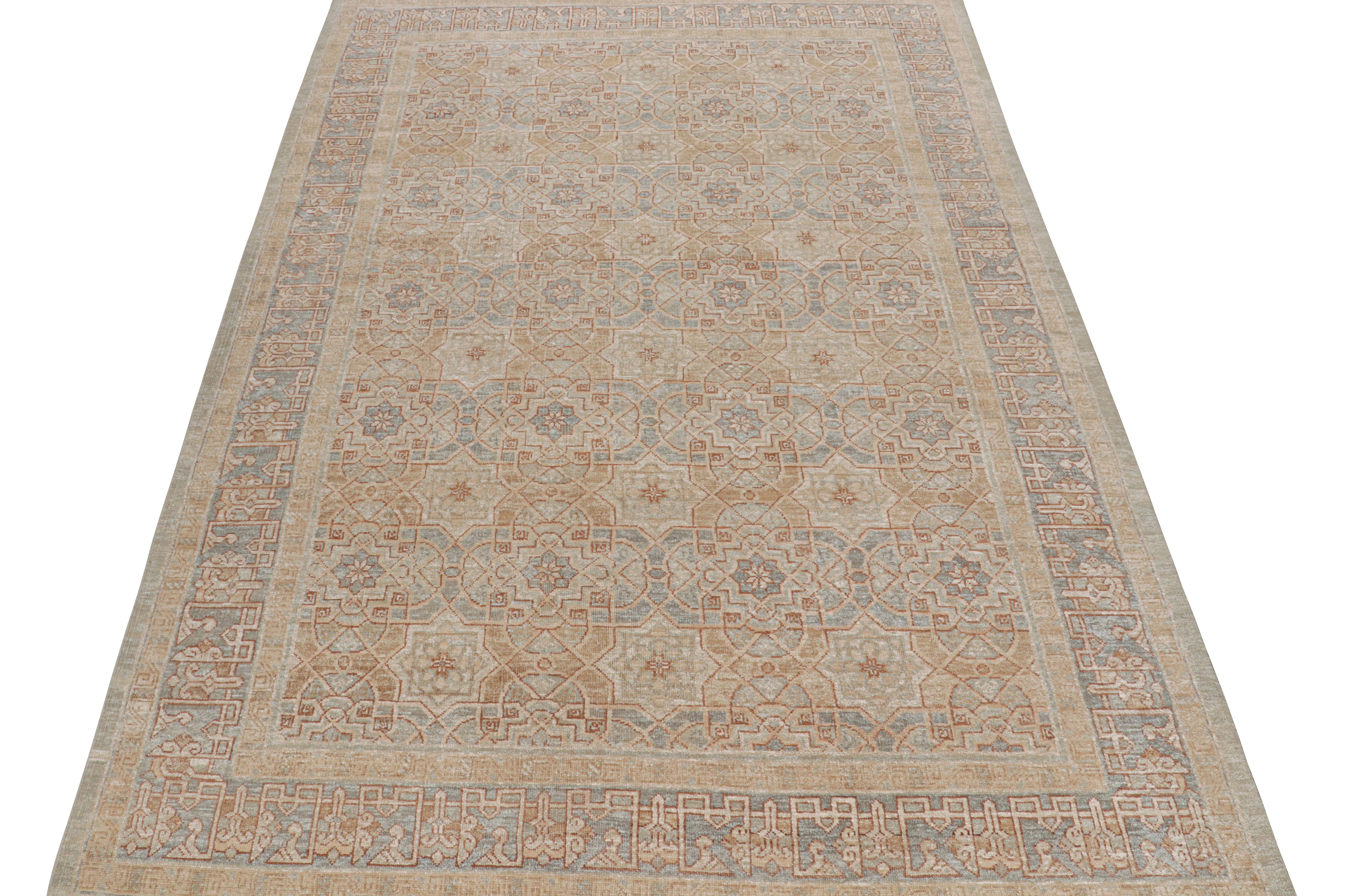 Indian Rug & Kilim’s Oushak Style Rug in Beige-Brown & Blue Geometric Patterns For Sale