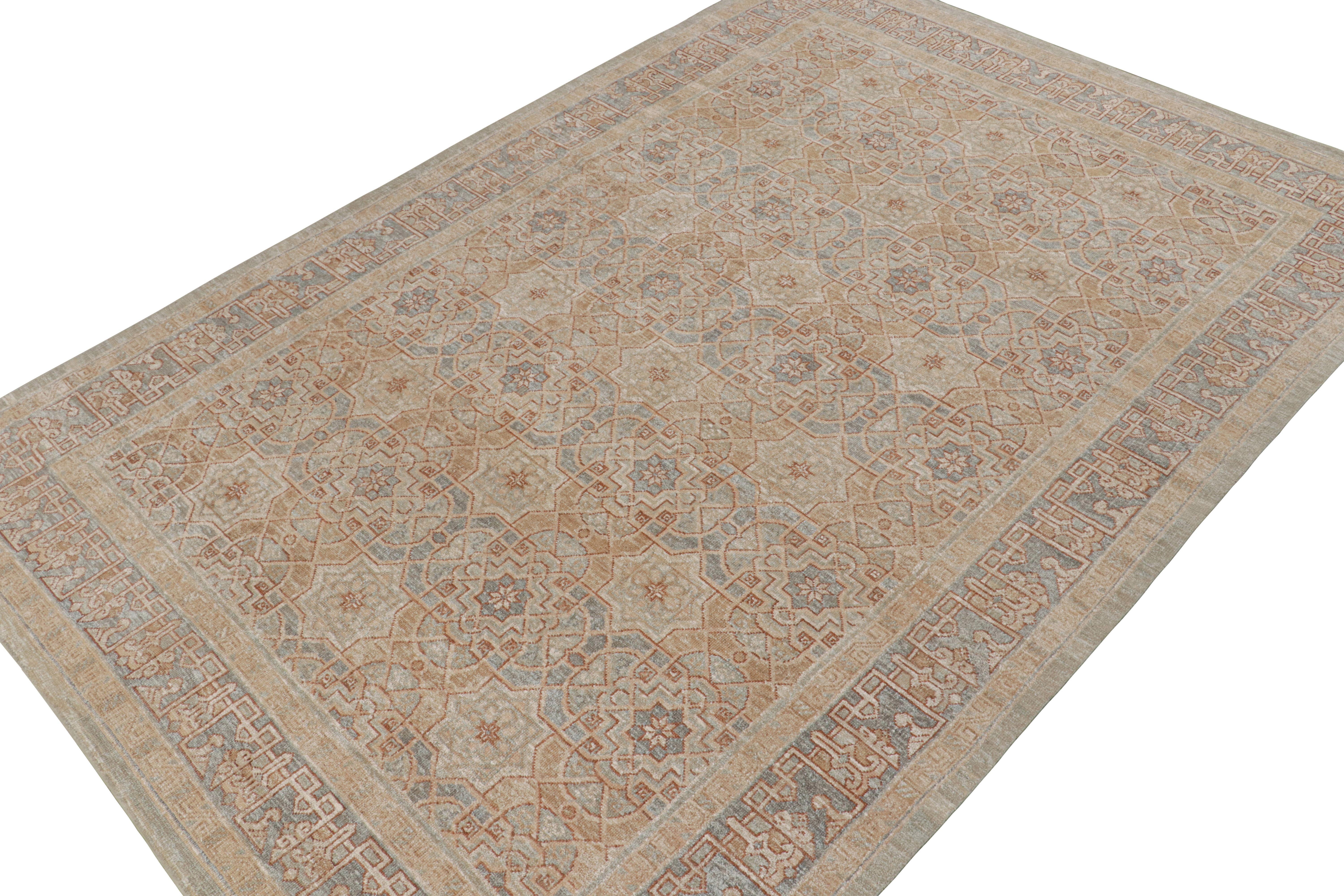 Hand-Knotted Rug & Kilim’s Oushak Style Rug in Beige-Brown & Blue Geometric Patterns For Sale