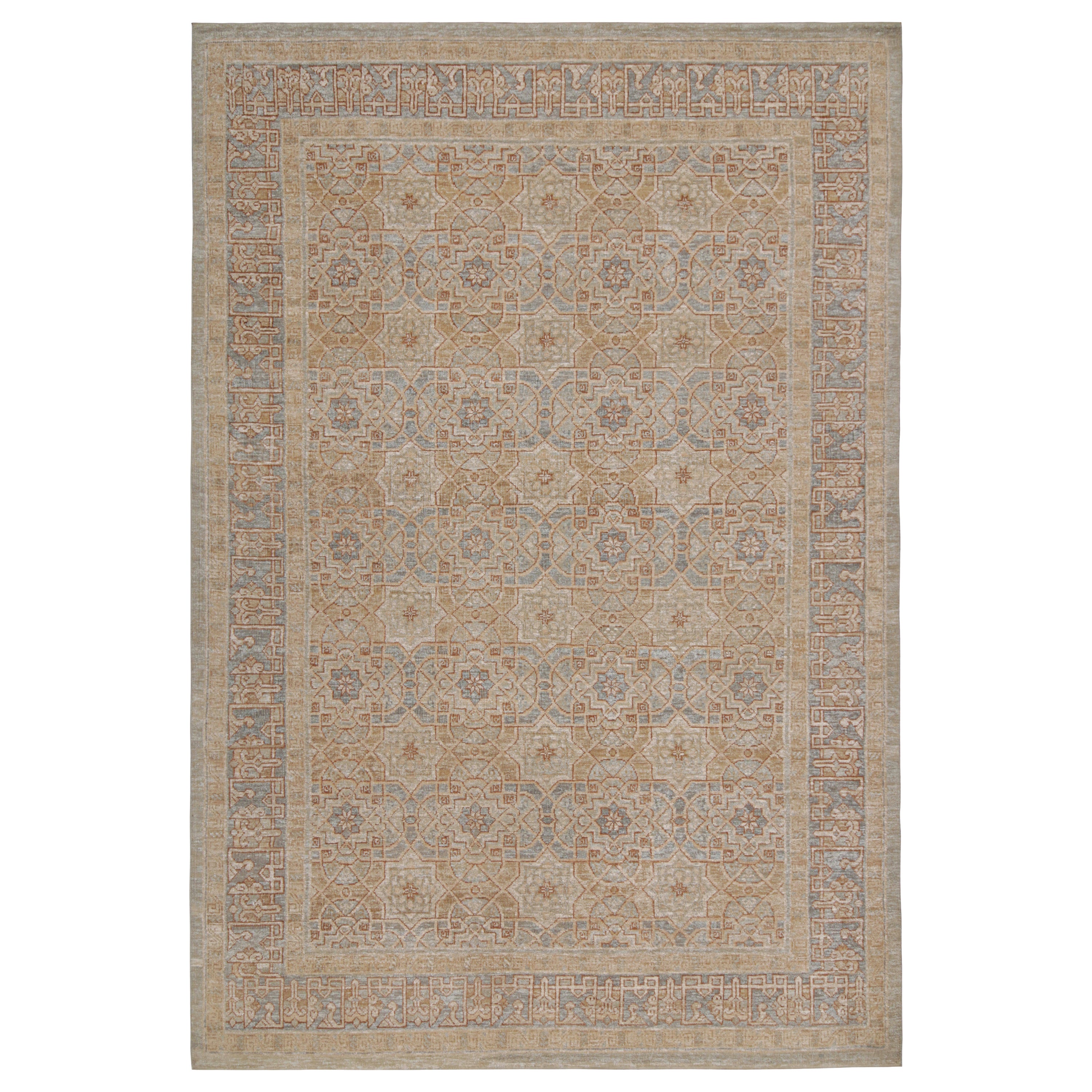 Rug & Kilim’s Oushak Style Rug in Beige-Brown & Blue Geometric Patterns For Sale