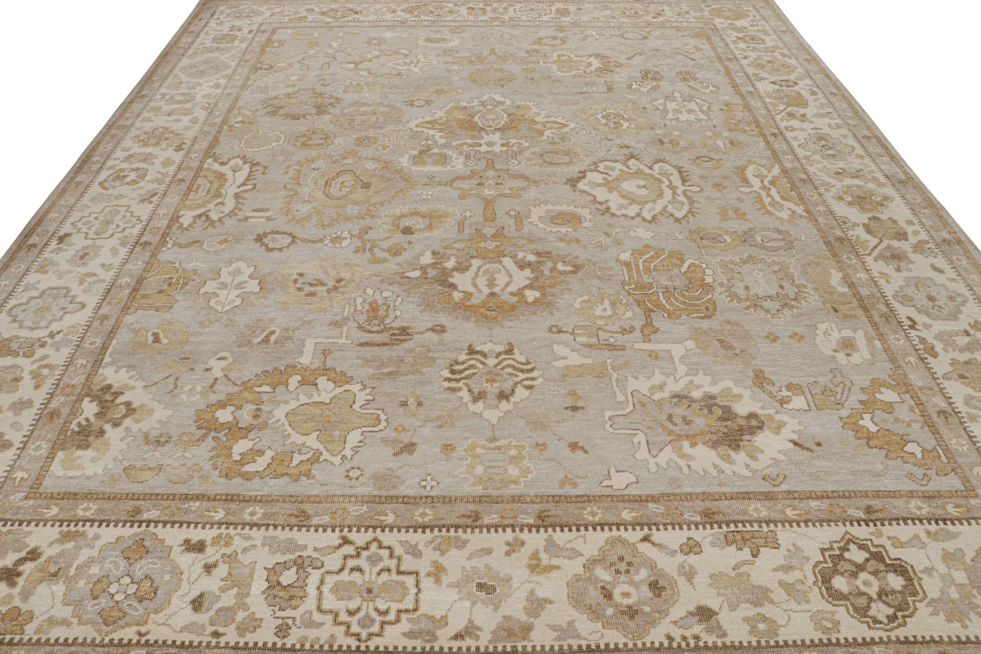 Indian Rug & Kilim’s Oushak Style Rug in Beige-Brown & Gold Floral Pattern For Sale